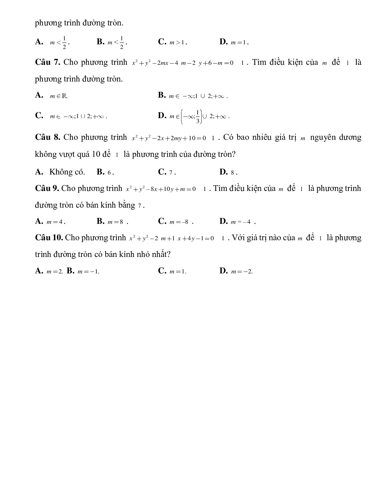 Bài tập về Tìm tham số m để thỏa mãn phương trình đường tròn chọn lọc (trang 2)