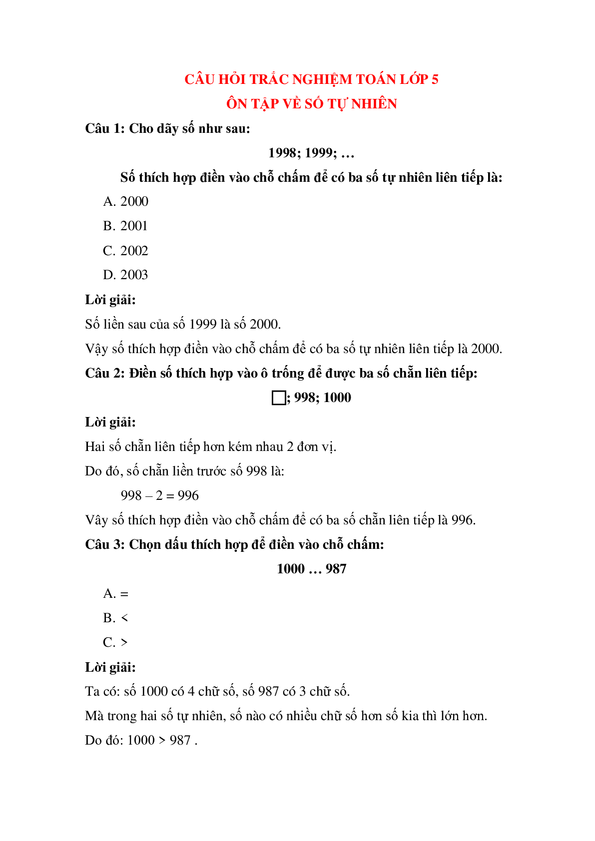 Trắc nghiệm Ôn tập về số tự nhiên có đáp án – Toán lớp 5 (trang 1)