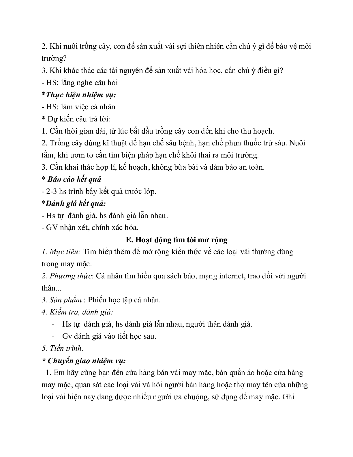 GIÁO ÁN CÔNG NGHỆ 6 BÀI 1: CÁC LOẠI VẢI THƯỜNG DÙNG TRONG MAY MẶC (T1) MỚI NHẤT (trang 10)