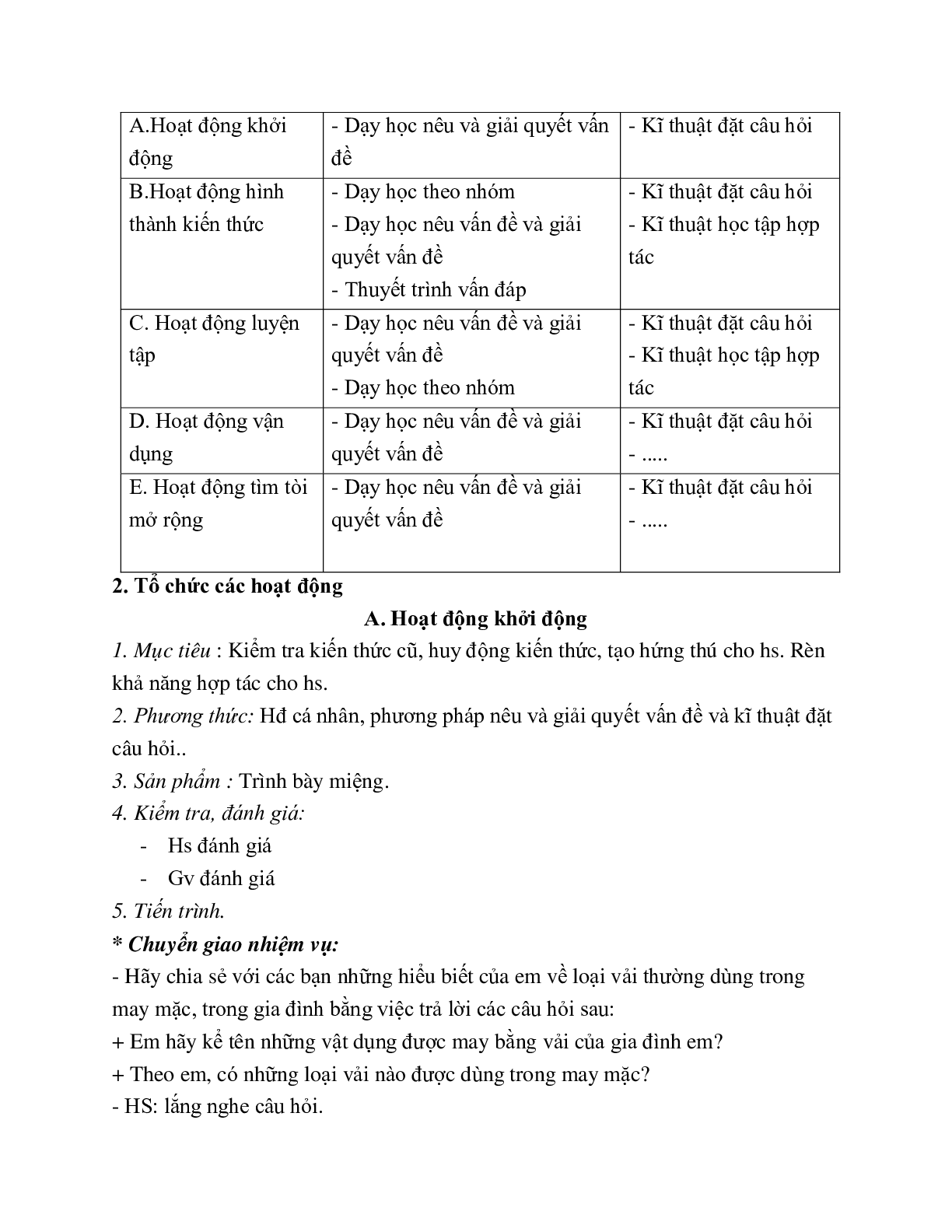 GIÁO ÁN CÔNG NGHỆ 6 BÀI 1: CÁC LOẠI VẢI THƯỜNG DÙNG TRONG MAY MẶC (T1) MỚI NHẤT (trang 2)