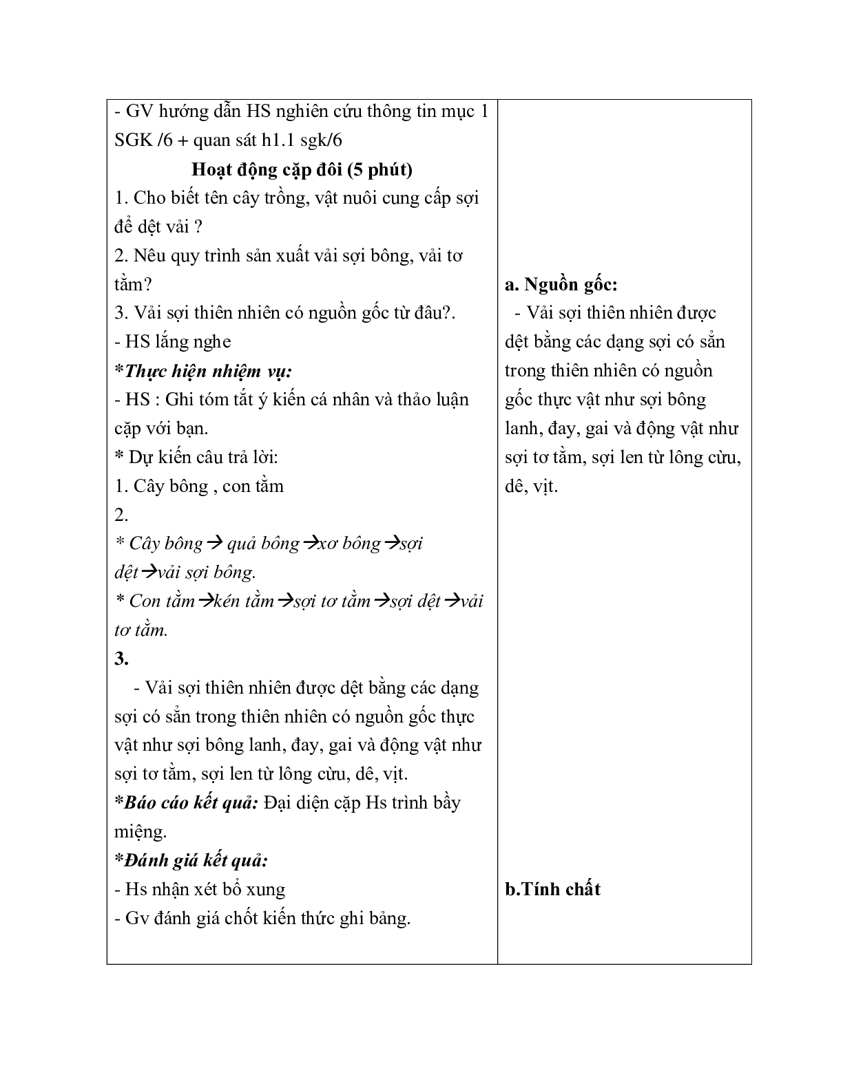 GIÁO ÁN CÔNG NGHỆ 6 BÀI 1: CÁC LOẠI VẢI THƯỜNG DÙNG TRONG MAY MẶC (T1) MỚI NHẤT (trang 4)