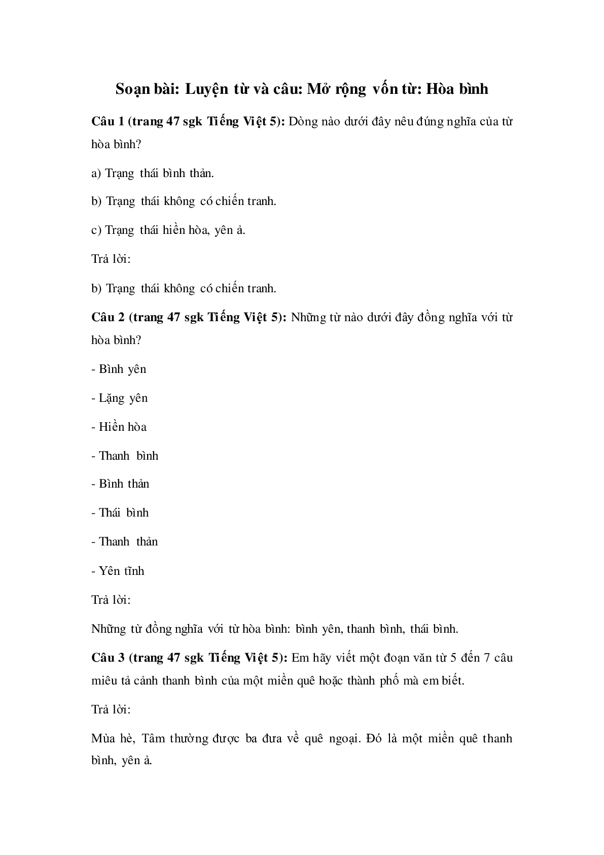 Soạn Tiếng Việt lớp 5: Luyện từ và câu: Mở rộng vốn từ: Hòa bình mới nhất (trang 1)