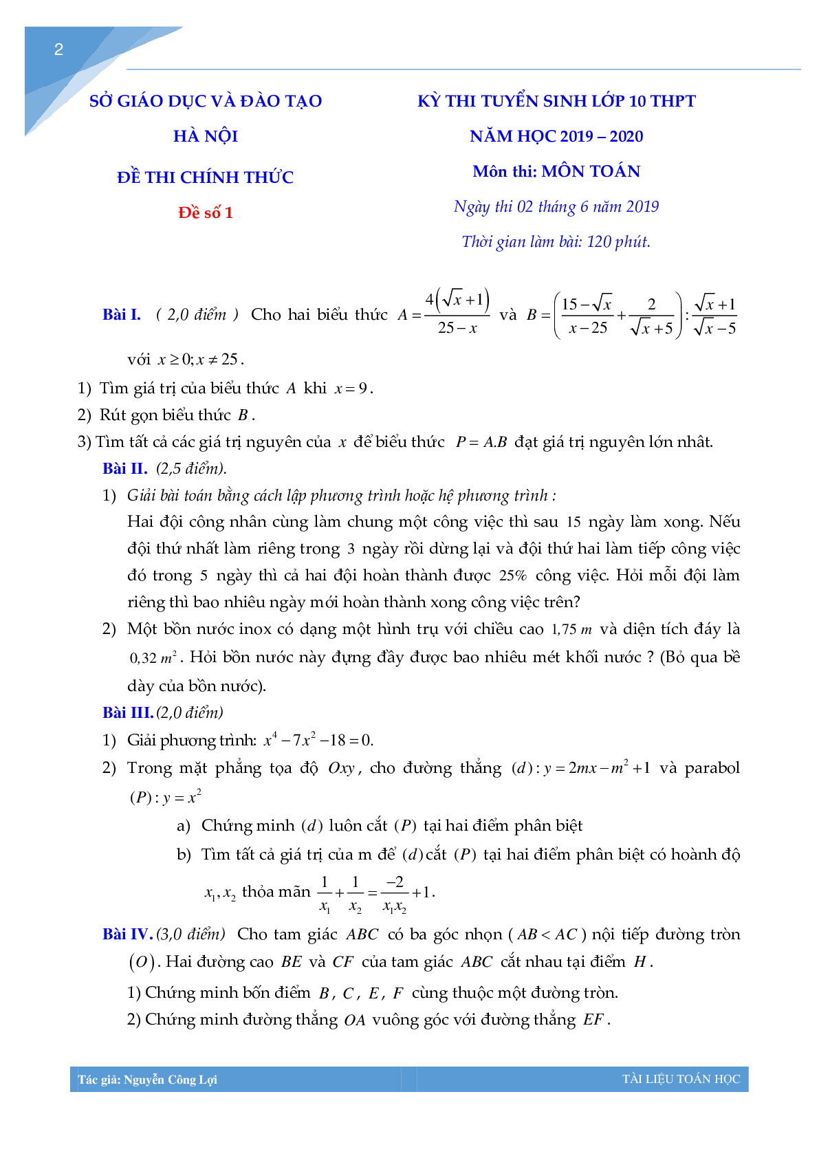 Tuyển tập đề thi vào lớp 10 môn toán Thành phố Hà Nội (trang 1)
