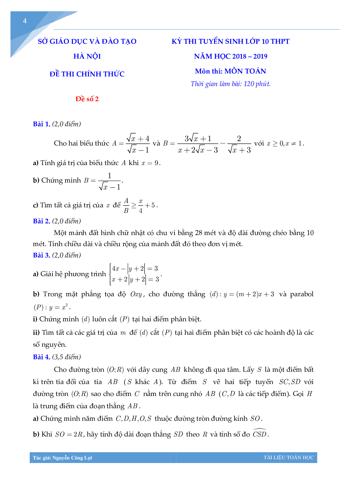 Tuyển tập đề thi vào lớp 10 môn toán Thành phố Hà Nội (trang 3)