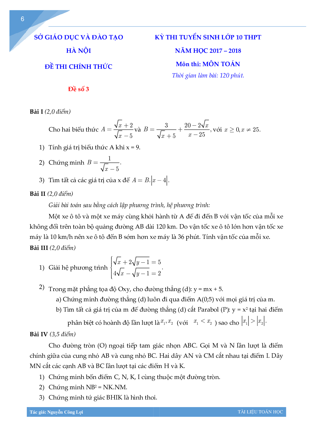 Tuyển tập đề thi vào lớp 10 môn toán Thành phố Hà Nội (trang 5)