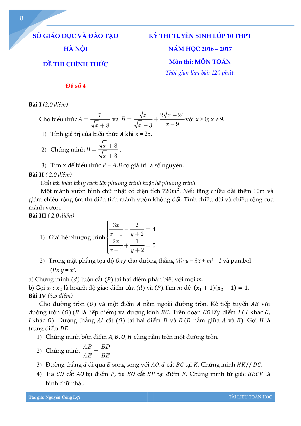 Tuyển tập đề thi vào lớp 10 môn toán Thành phố Hà Nội (trang 7)