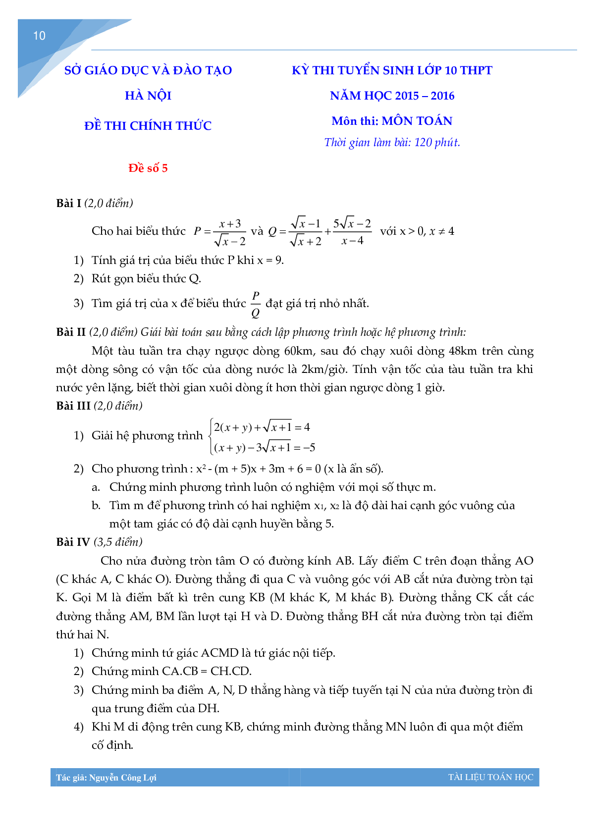 Tuyển tập đề thi vào lớp 10 môn toán Thành phố Hà Nội (trang 9)