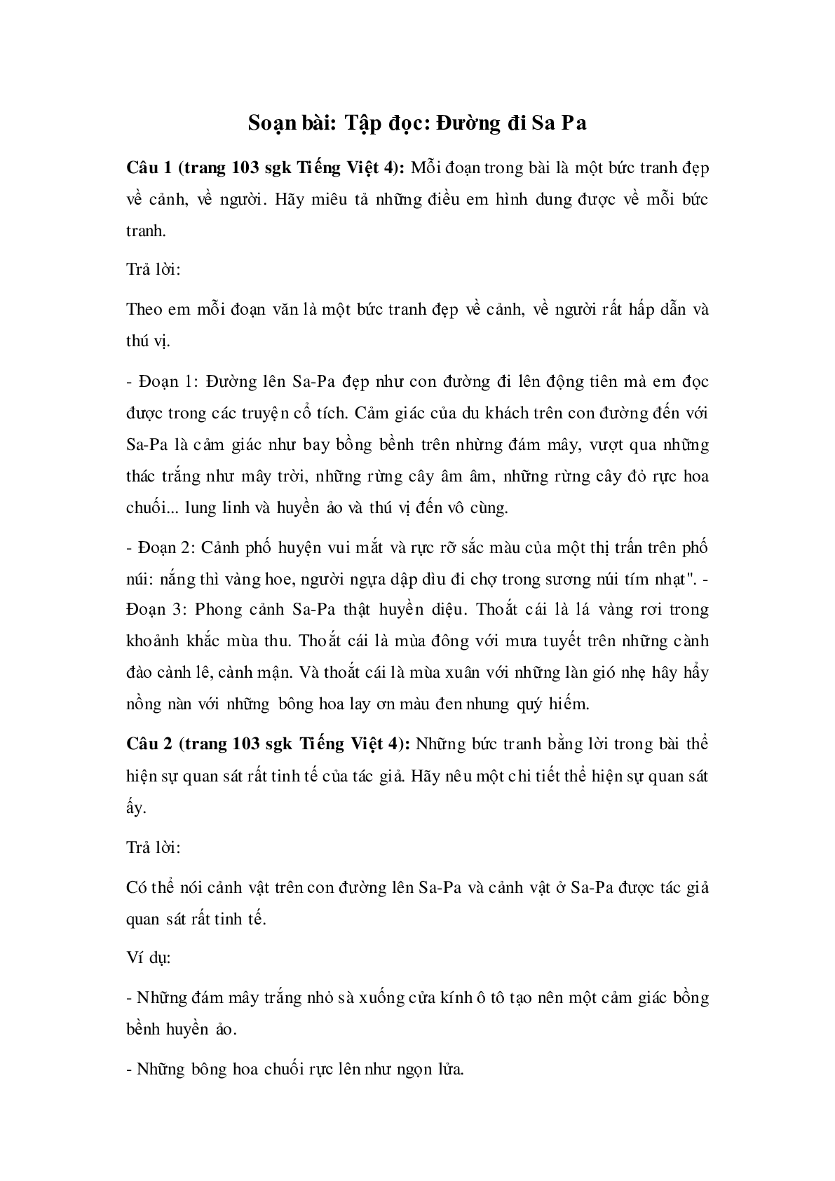 Soạn Tiếng Việt lớp 4:Tập đọc: Đường đi Sa Pa mới nhất (trang 1)