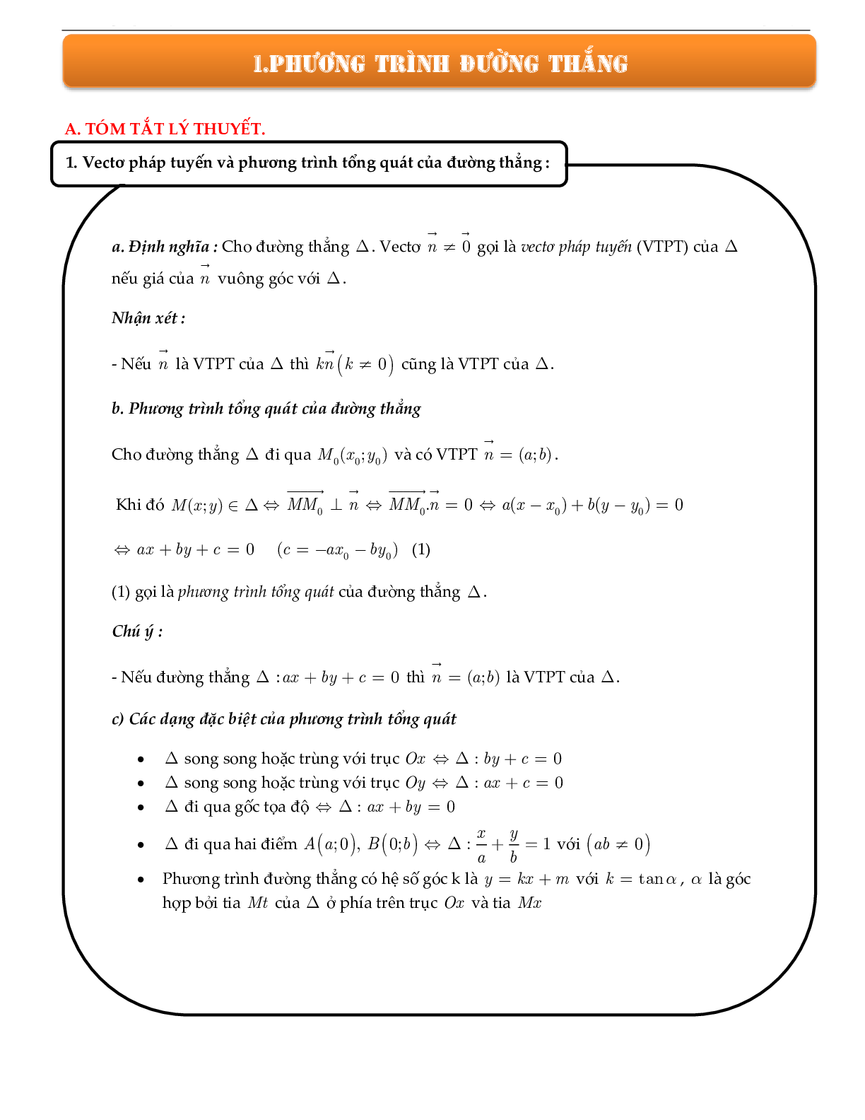 Phương trình đường thằng Toán lớp 10 (trang 1)