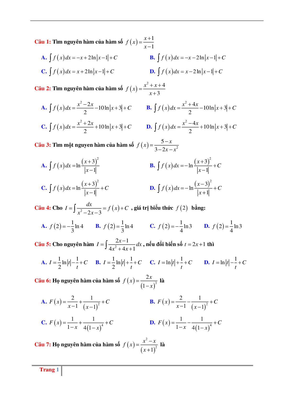 Các dạng bài tập về Nguyên hàm hữu tỉ có đáp án (trang 1)
