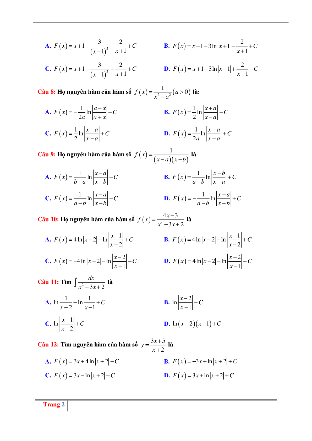 Các dạng bài tập về Nguyên hàm hữu tỉ có đáp án (trang 2)