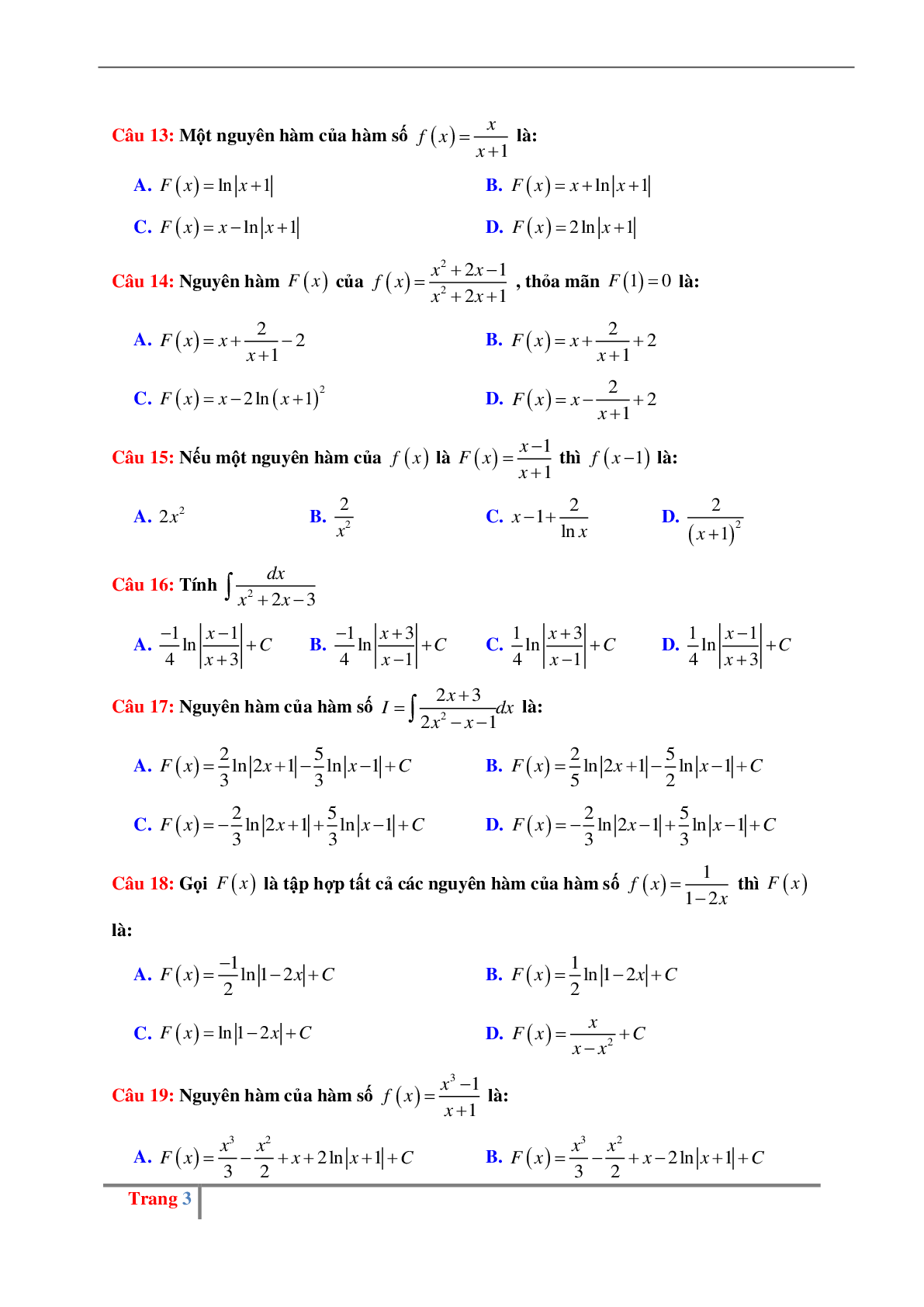 Các dạng bài tập về Nguyên hàm hữu tỉ có đáp án (trang 3)