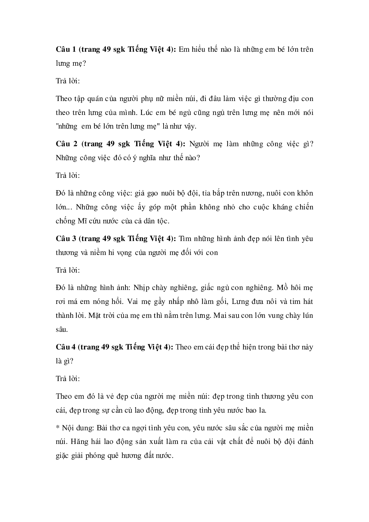 Soạn Tiếng Việt lớp 4: Tập đọc: Khúc hát ru những em bé lớn trên lưng mẹ mới nhất (trang 2)