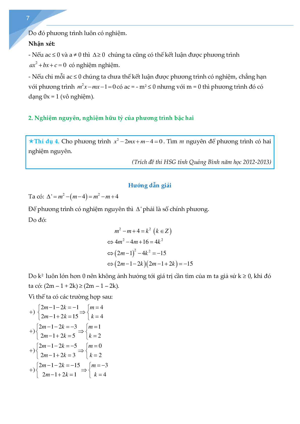 Phương trình bậc hai và ứng dụng của định lí Vi-ét (trang 7)