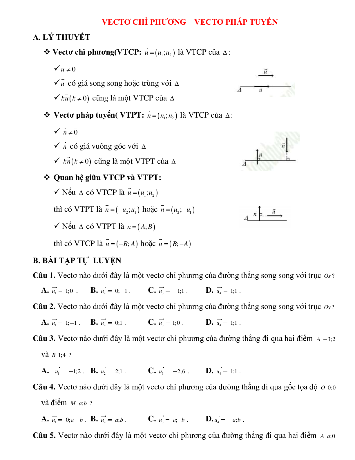 Lý thuyết, bài bác luyện về Vectơ chỉ phương - Vectơ pháp tuyến của phương trình đường thẳng liền mạch tinh lọc (trang 1)