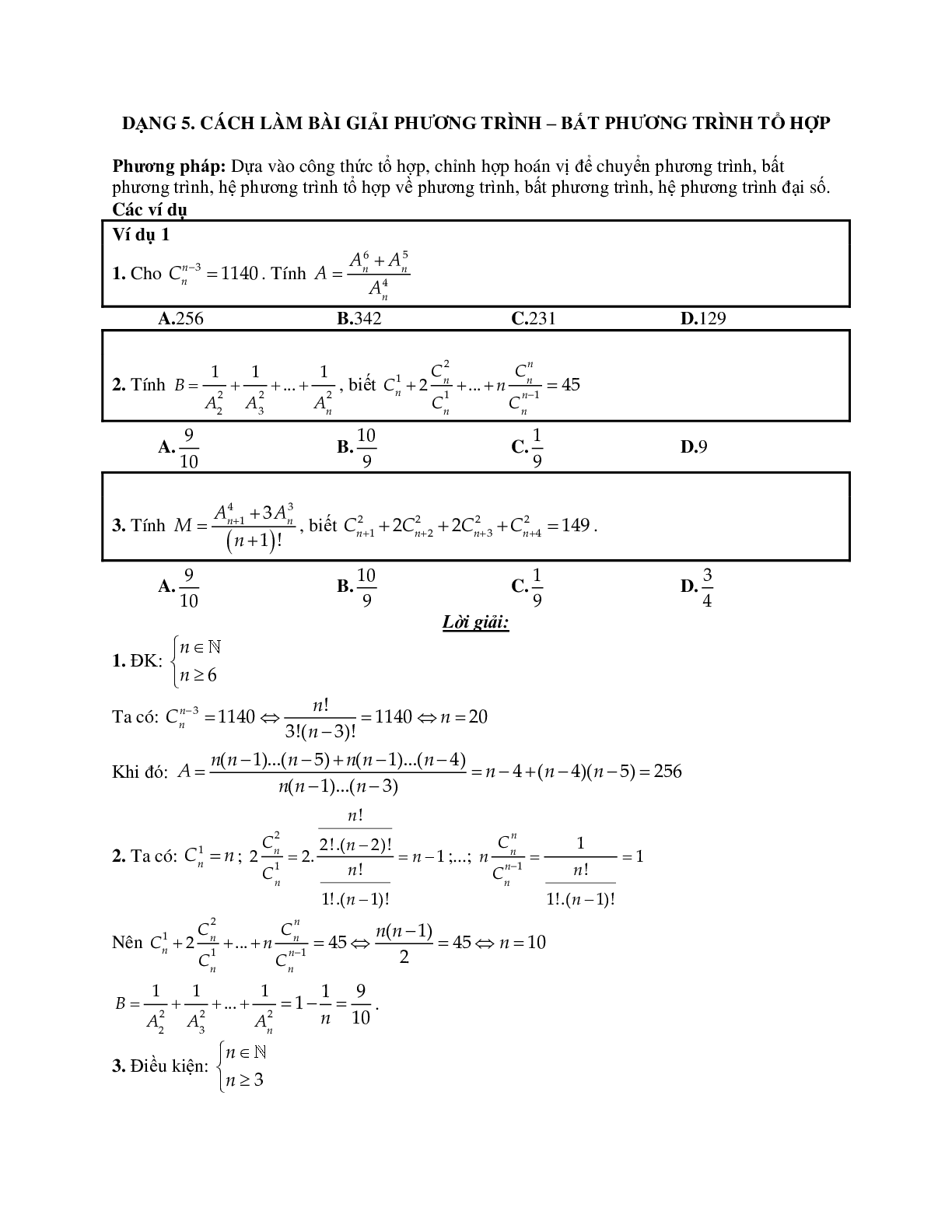 Cách làm bài giải phương trình – bất phương trình tổ hợp chọn lọc (trang 1)