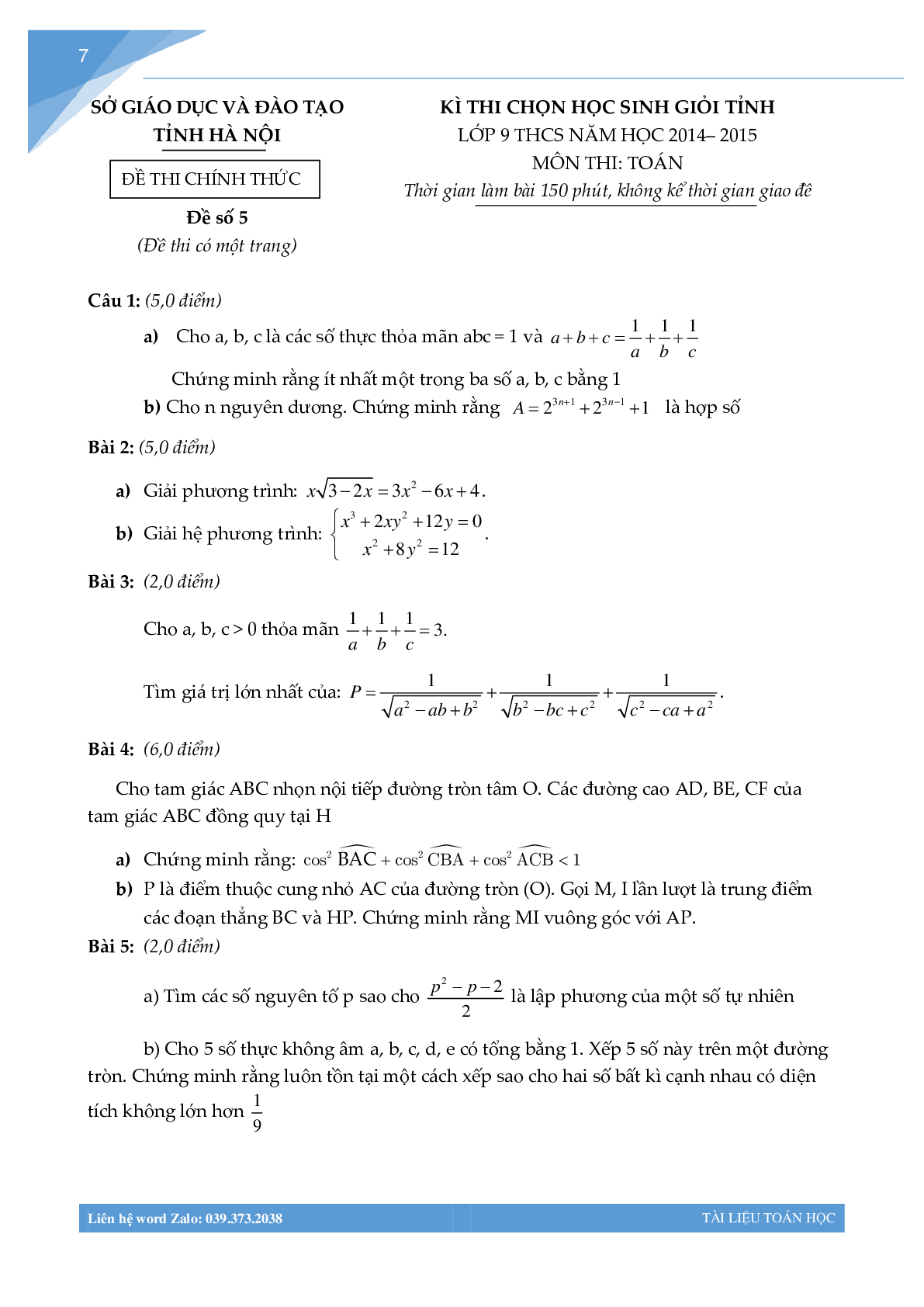 Tuyển tập đề thi học sinh giỏi toán lớp 9 thành phố Hà Nội (trang 6)