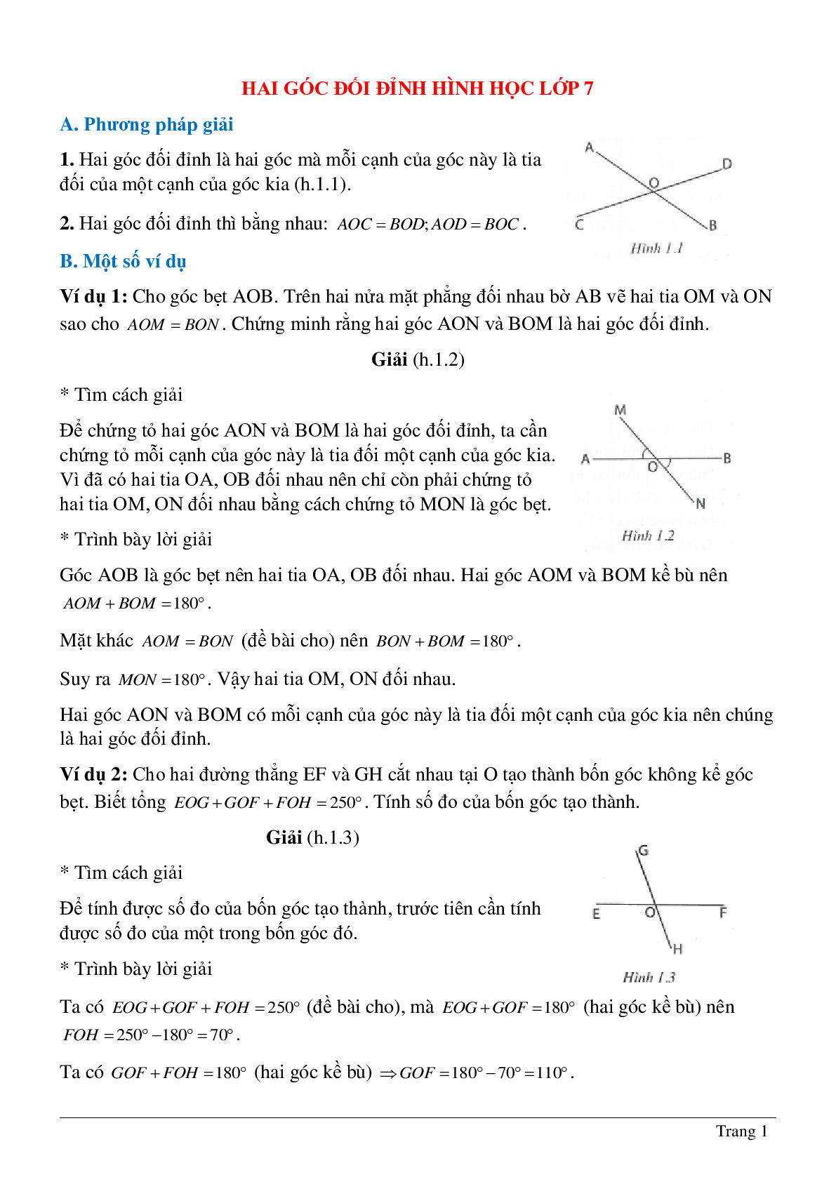 Bài tập hay nhất về Hai góc đối đỉnh hình học lớp 7 có lời giải (trang 1)