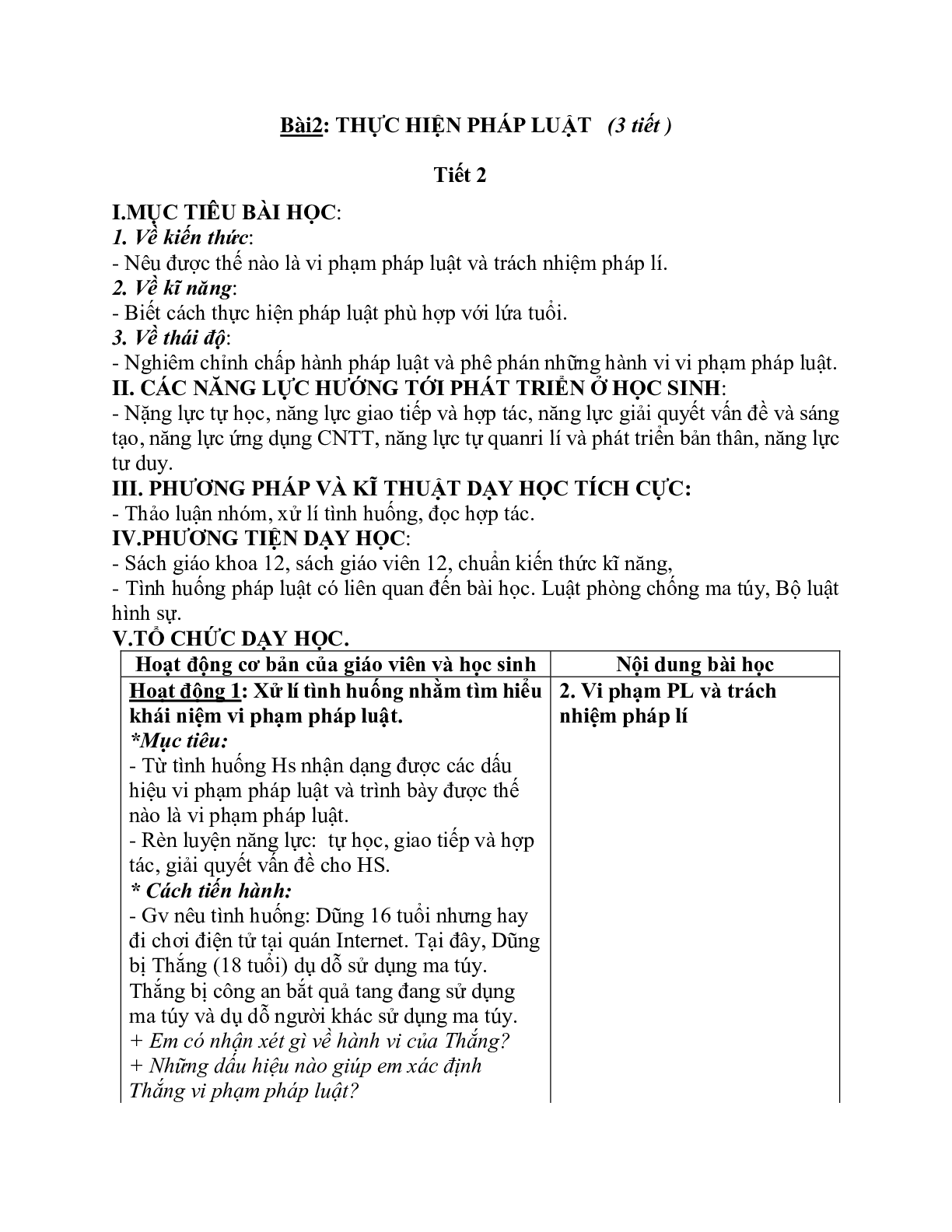 Giáo án GDCD 12 Bài 2 Thực hiện pháp luật tiết 2 mới nhất (trang 1)