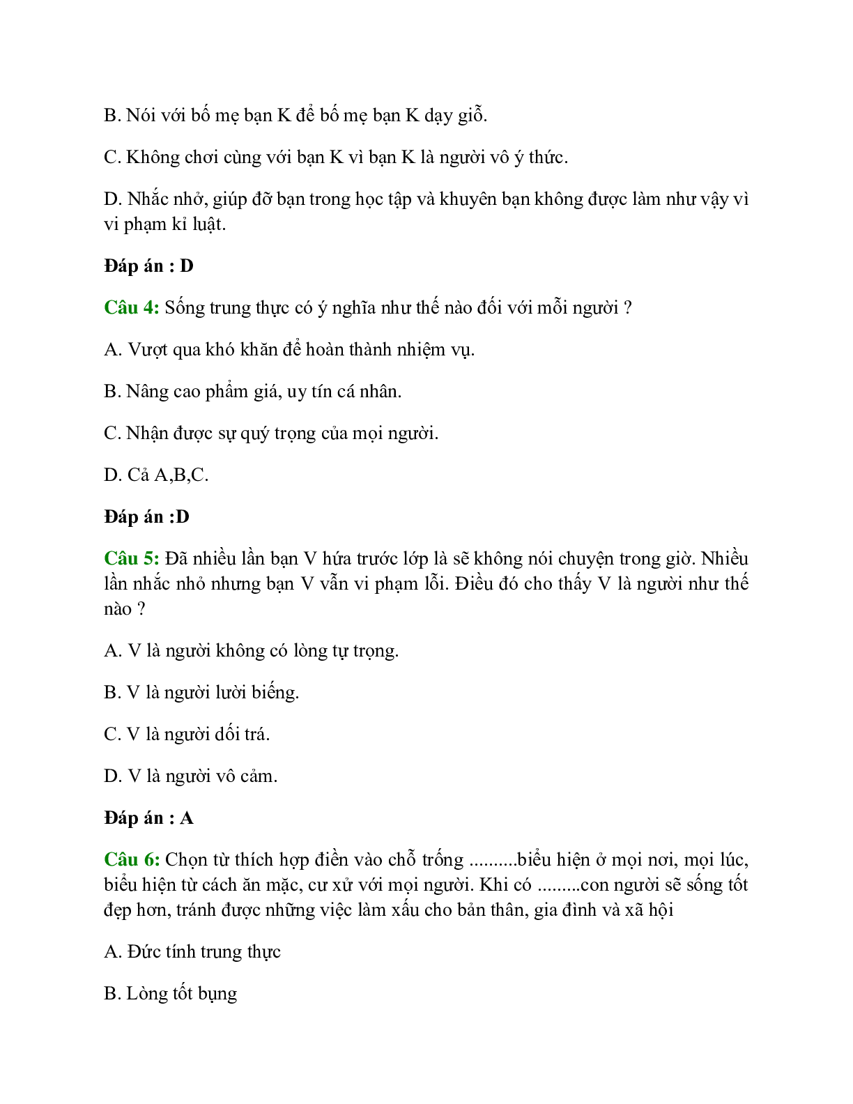 Trắc nghiệm GDCD 7 Bài 3 có đáp án: Tự trọng (trang 2)