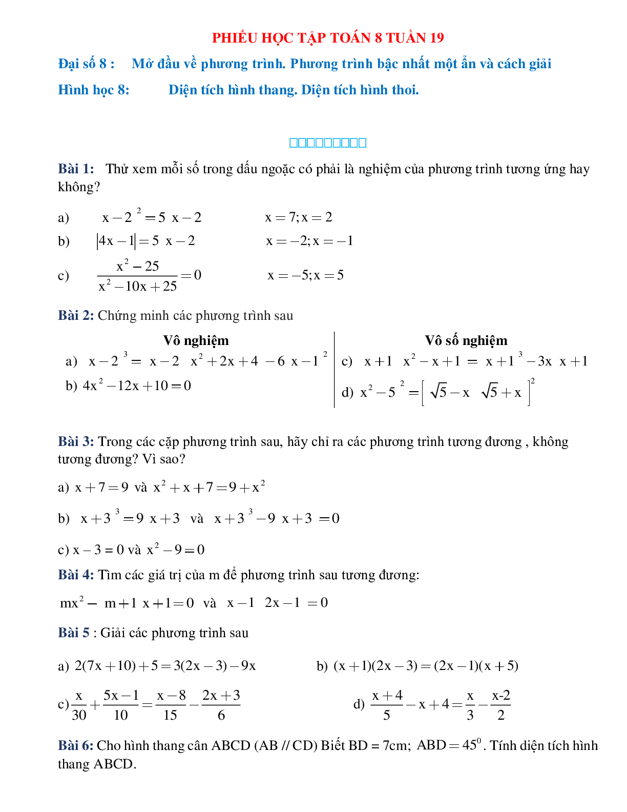 Phiếu bài tập tuần 19 - Toán 8 (trang 1)