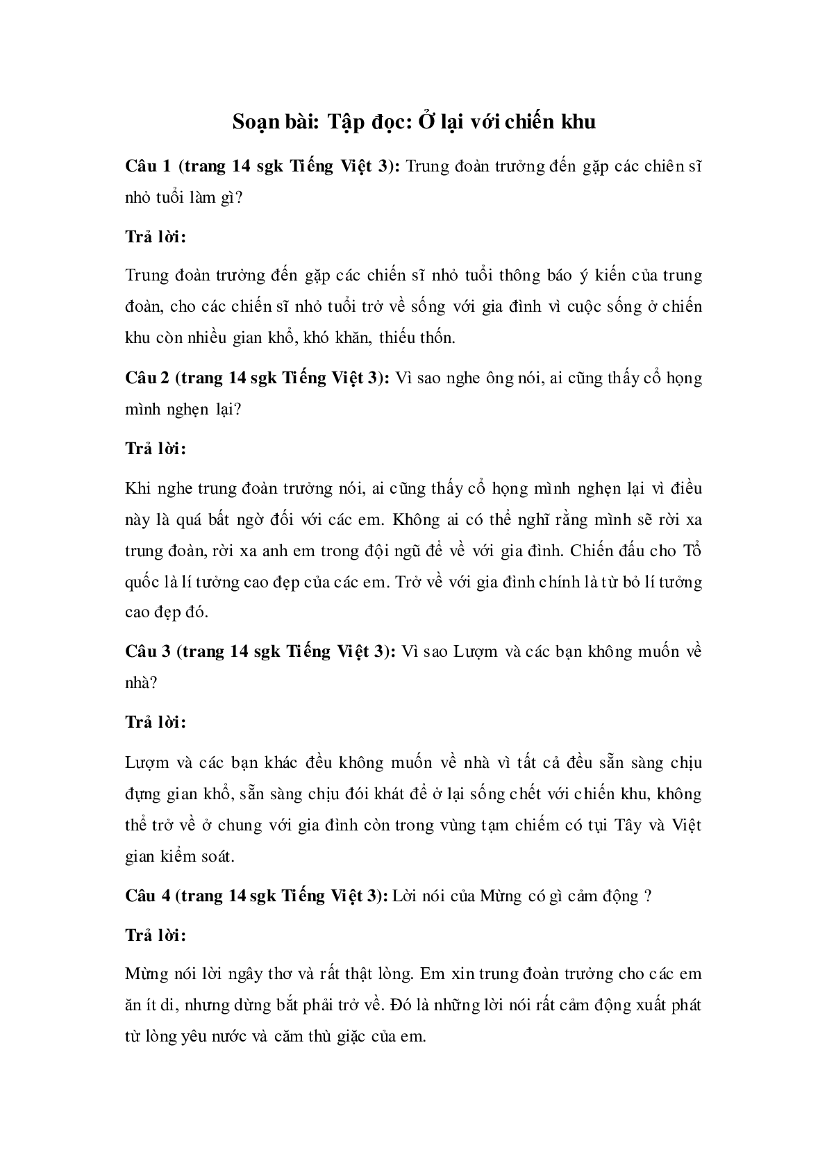 Soạn Tiếng Việt lớp 3: Tập đọc: Ở lại với chiến khu mới nhất (trang 1)