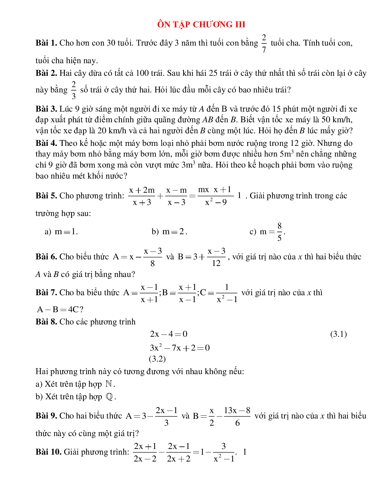 Ôn tập chương 3 phương trình bậc nhất một ẩn (trang 1)
