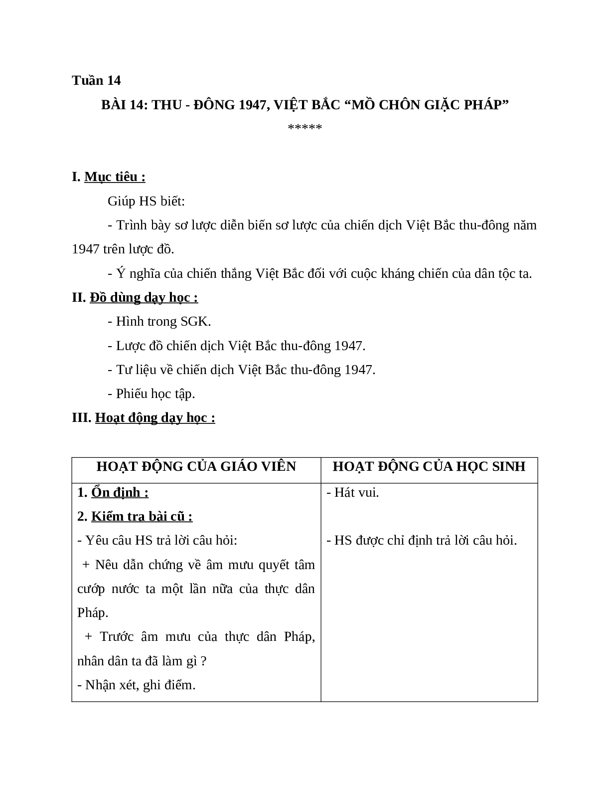 Giáo án lịch sử 5 bài 14: thu - đông 1947, việt bắc “mồ chôn giặc pháp” mới nhất (trang 1)