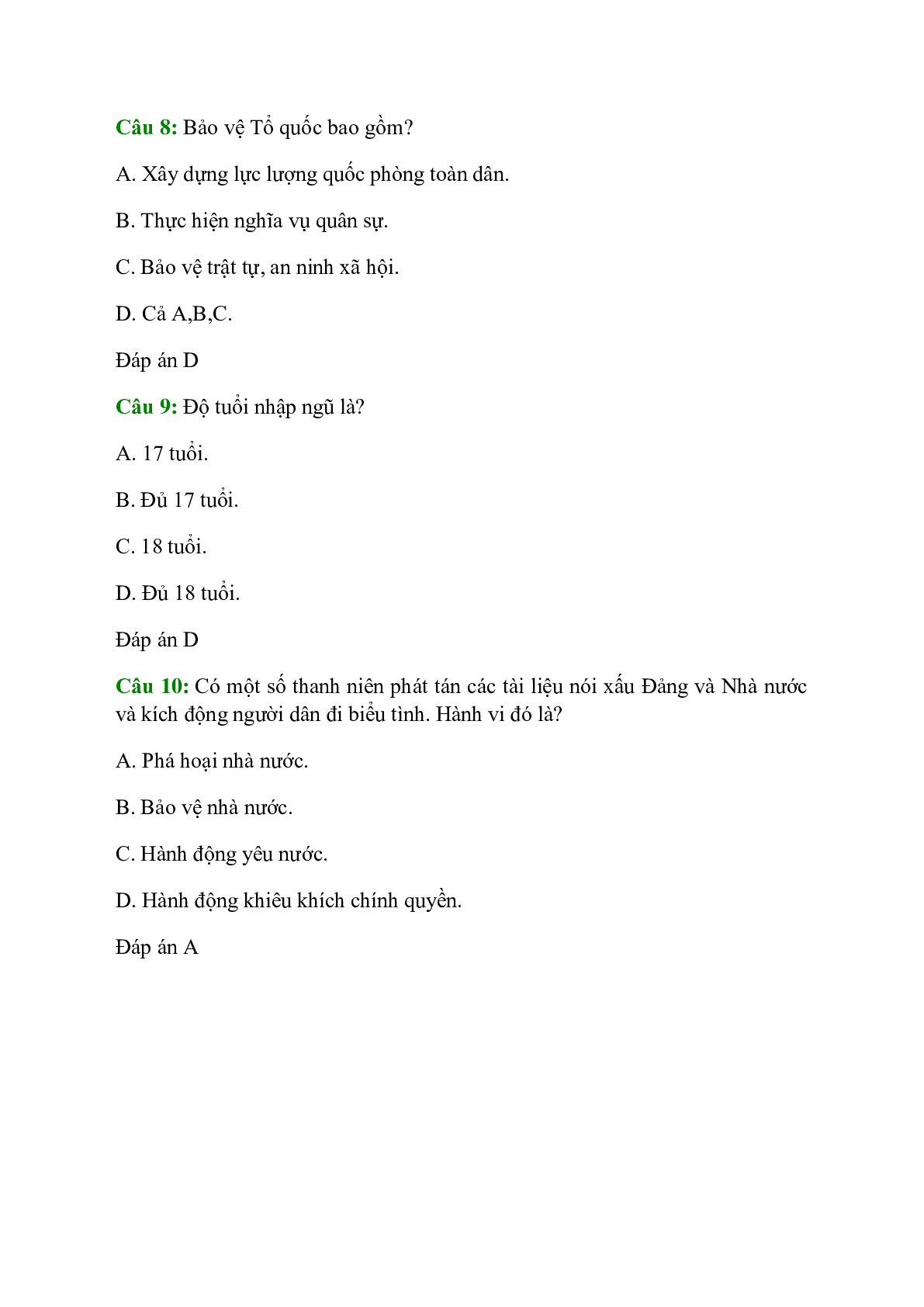40 câu Trắc nghiệm GDCD 9 Bài 17 có đáp án 2023: Nghĩa vụ bảo vệ tổ quốc (trang 3)