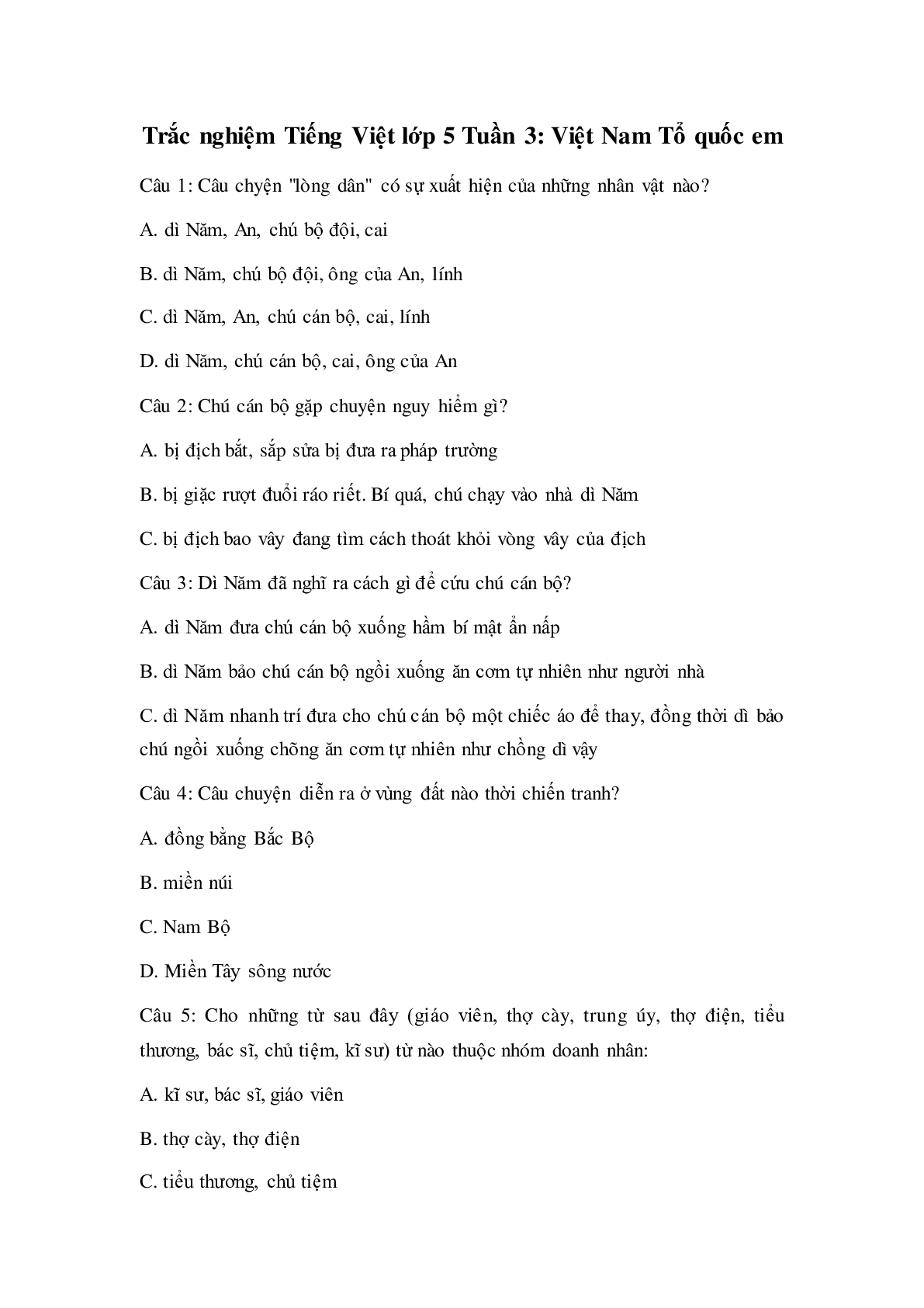 Trắc nghiệm Tiếng Việt lớp 5: Tuần 3 có đáp án (trang 1)