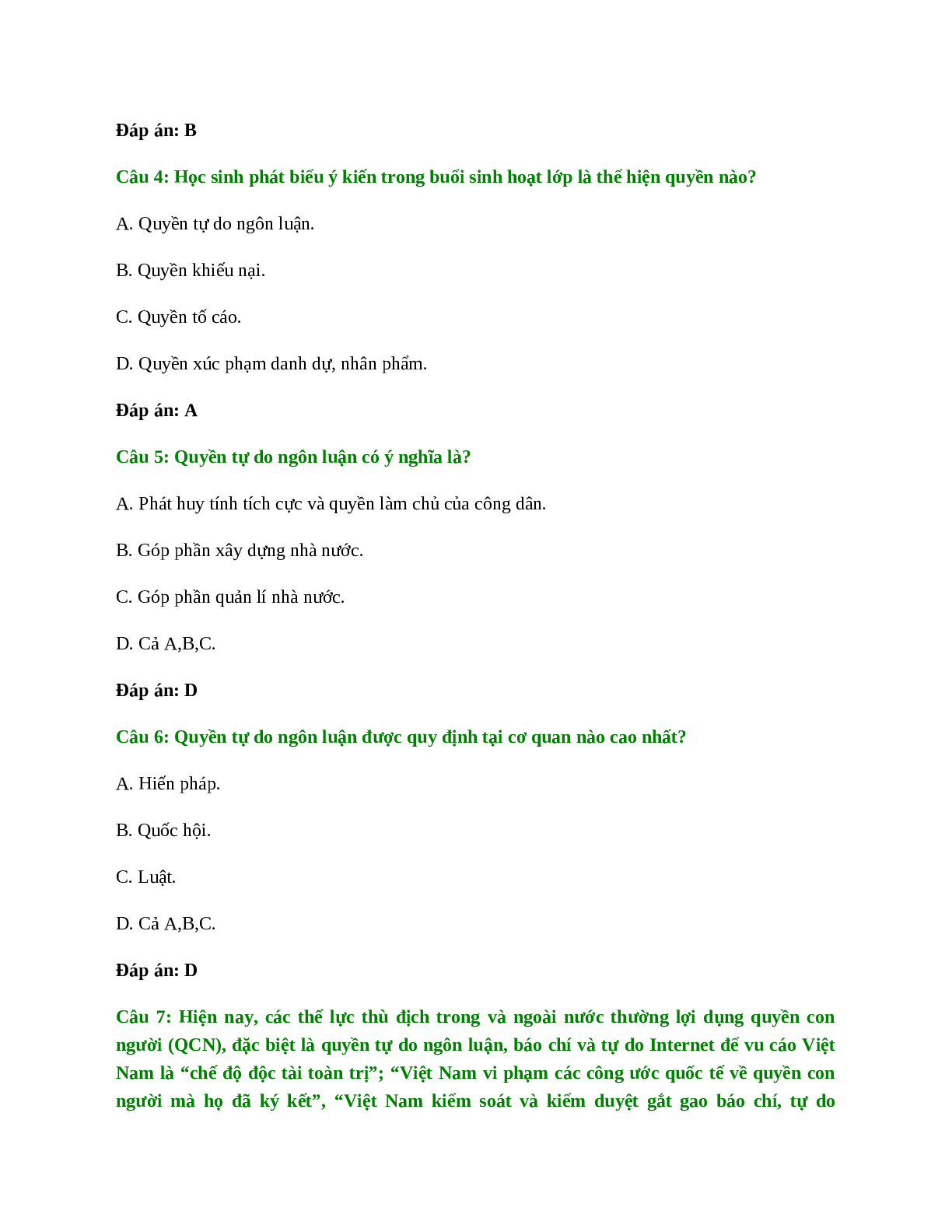 25 câu Trắc nghiệm GDCD 8 Bài 19 có đáp án 2023: Quyền tự do ngôn luận (trang 2)