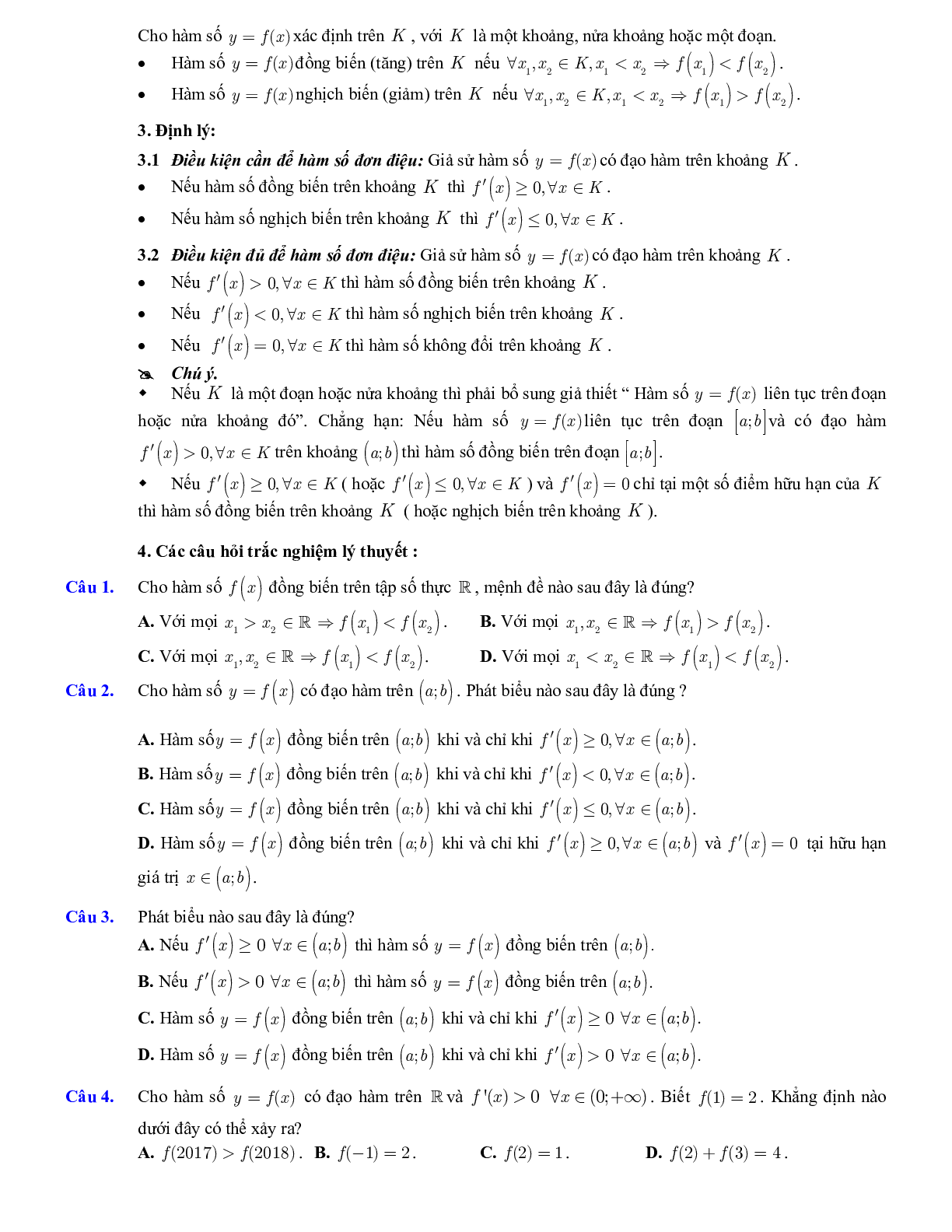 Lý thuyết và bài tập xét tính đơn điệu của hàm số ôn thi THPTQG (trang 2)