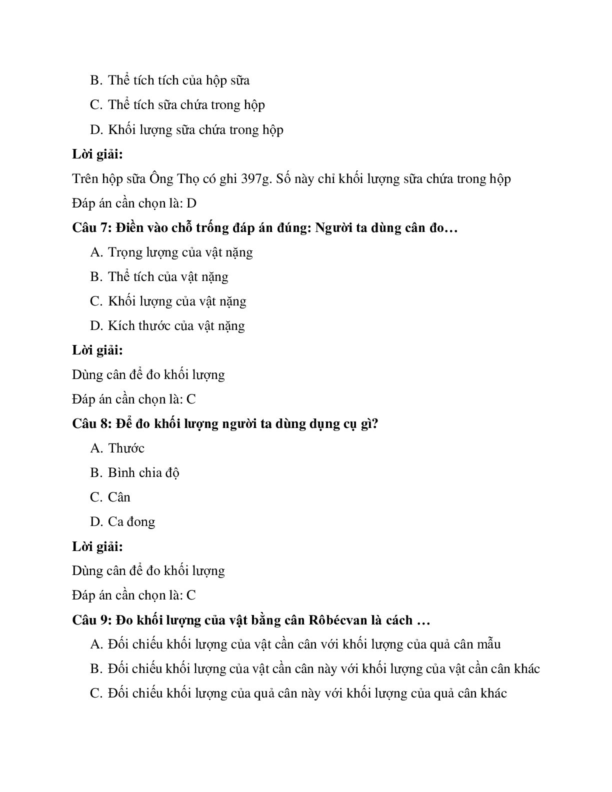 Trắc nghiệm Vật lý 6 Bài 5 có đáp án: Bài tập Khối lượng - Đo khối lượng (trang 3)