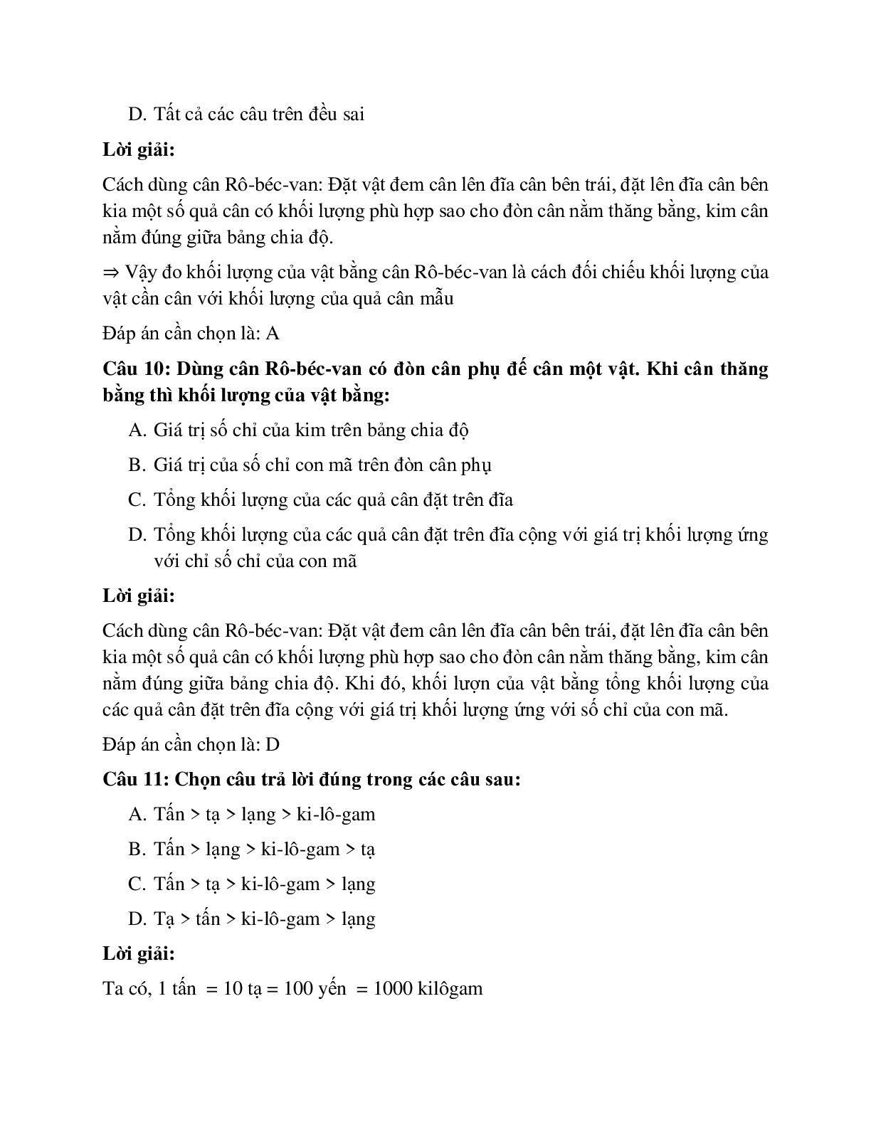 Trắc nghiệm Vật lý 6 Bài 5 có đáp án: Bài tập Khối lượng - Đo khối lượng (trang 4)