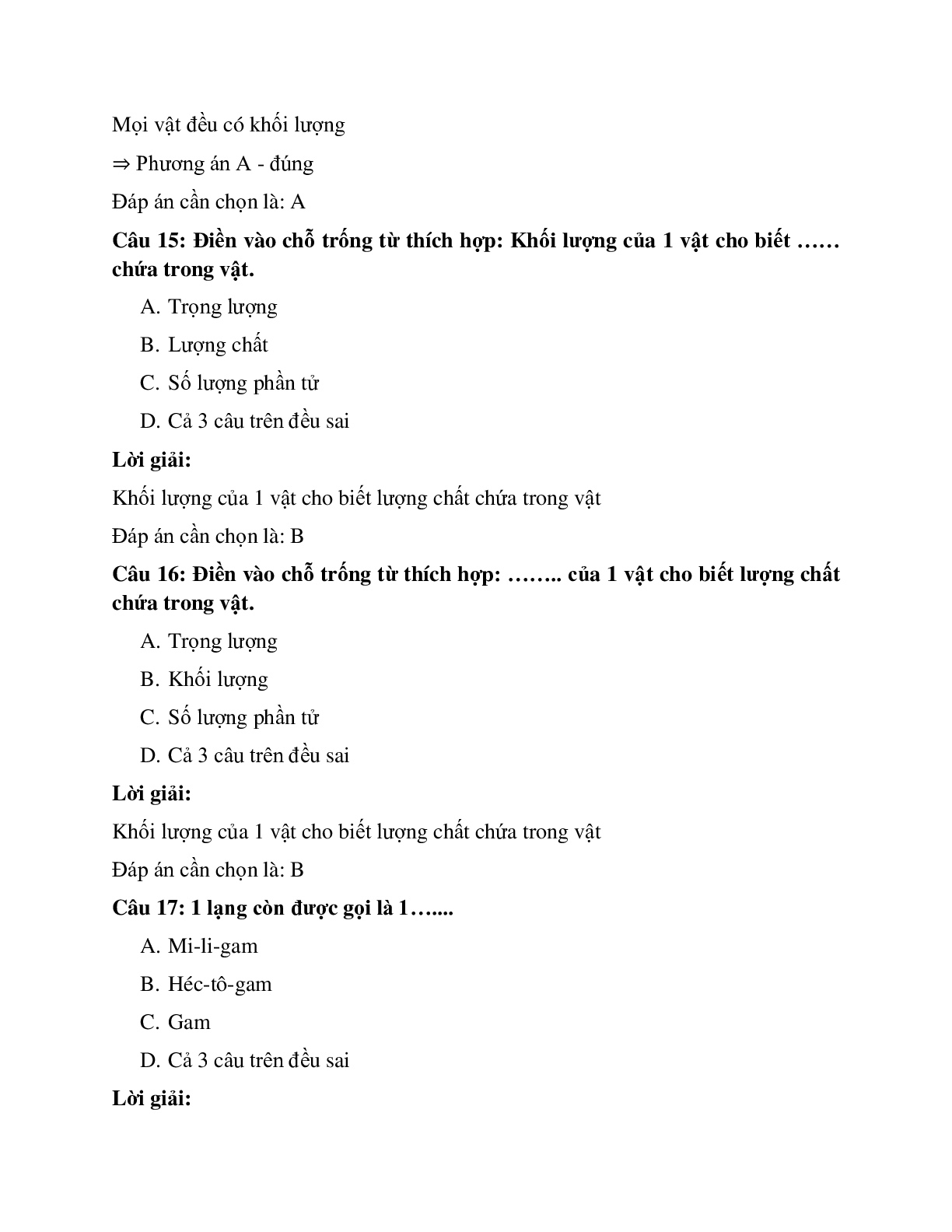 Trắc nghiệm Vật lý 6 Bài 5 có đáp án: Bài tập Khối lượng - Đo khối lượng (trang 6)