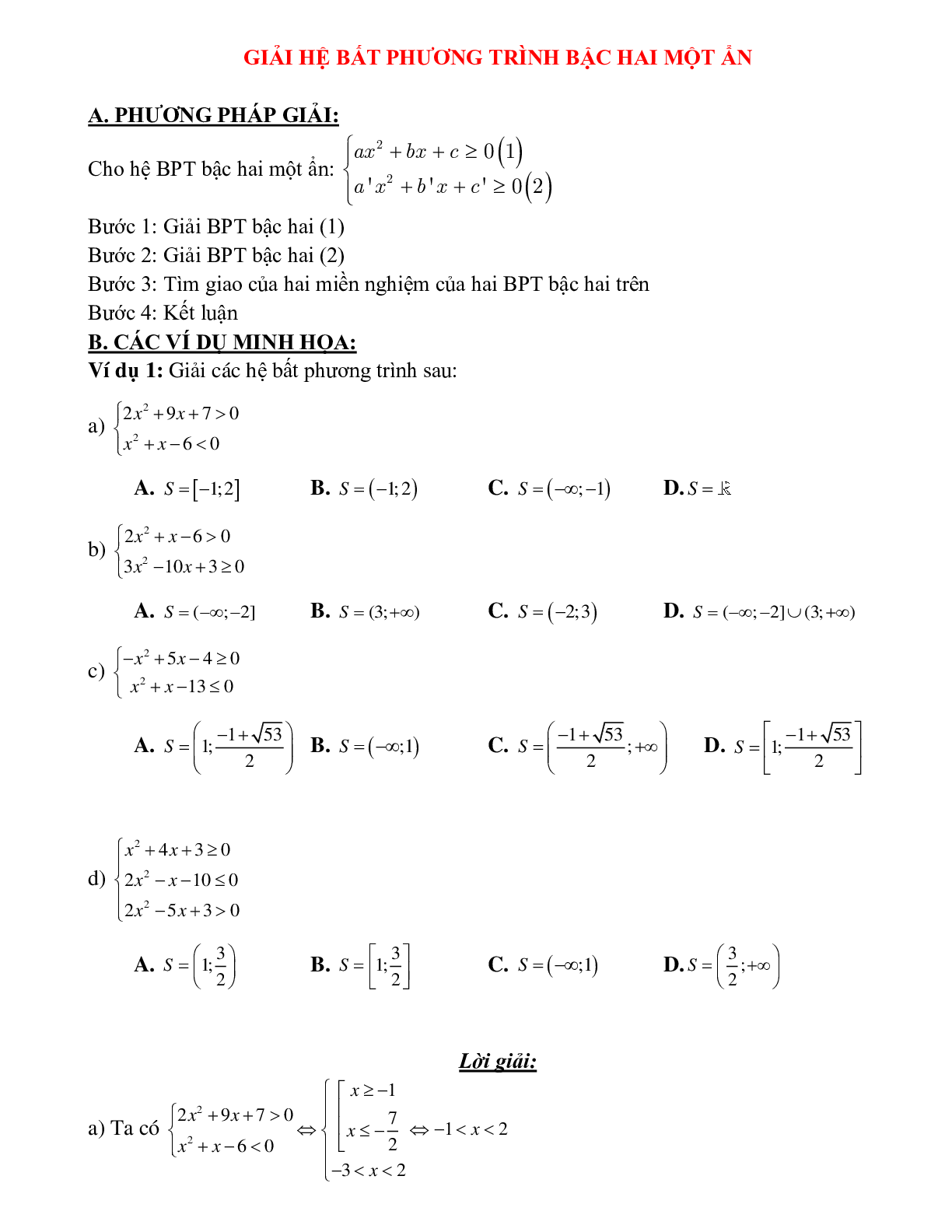 Bài tập giải hệ bất phương trình bậc hai một ẩn Toán 10 (trang 1)
