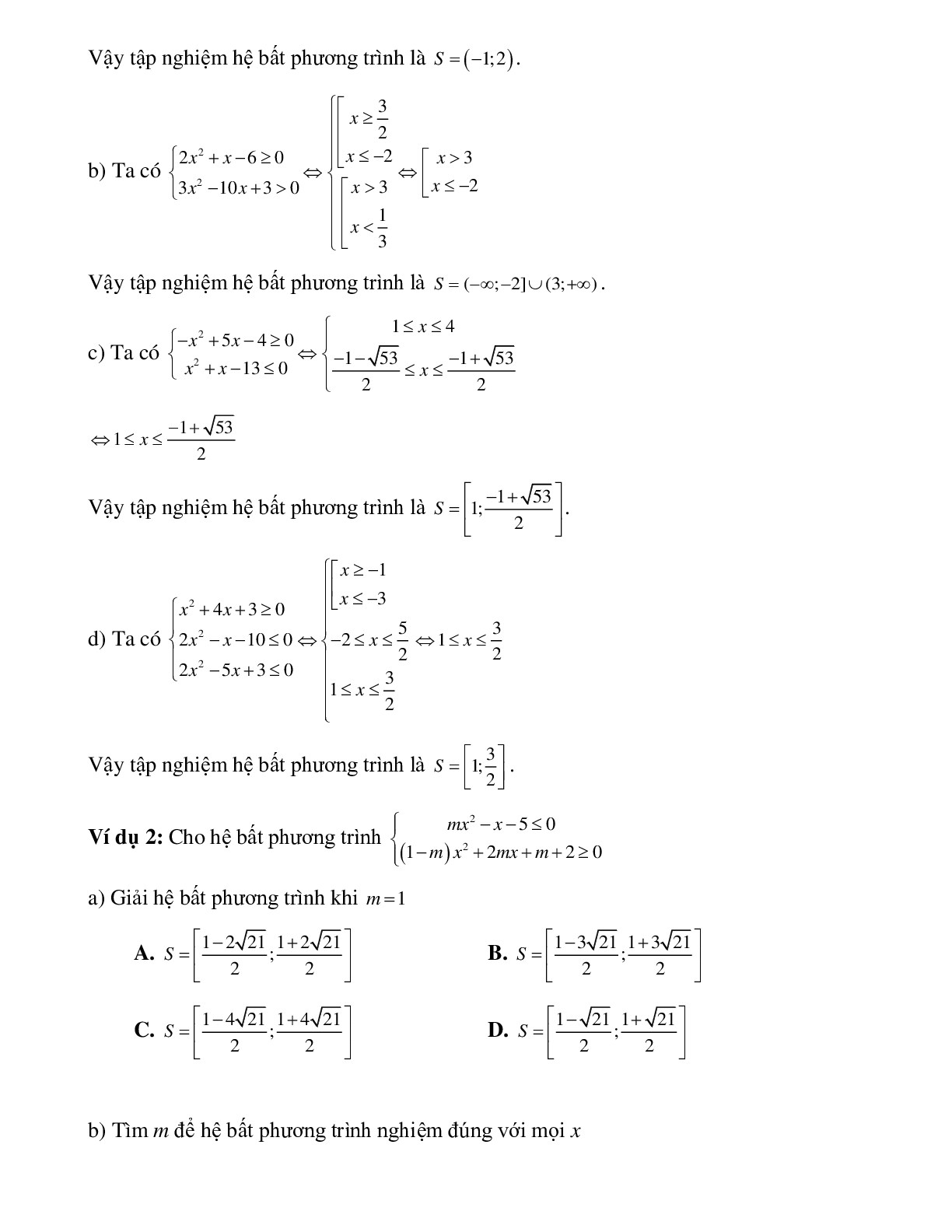 Bài tập giải hệ bất phương trình bậc hai một ẩn Toán 10 (trang 2)