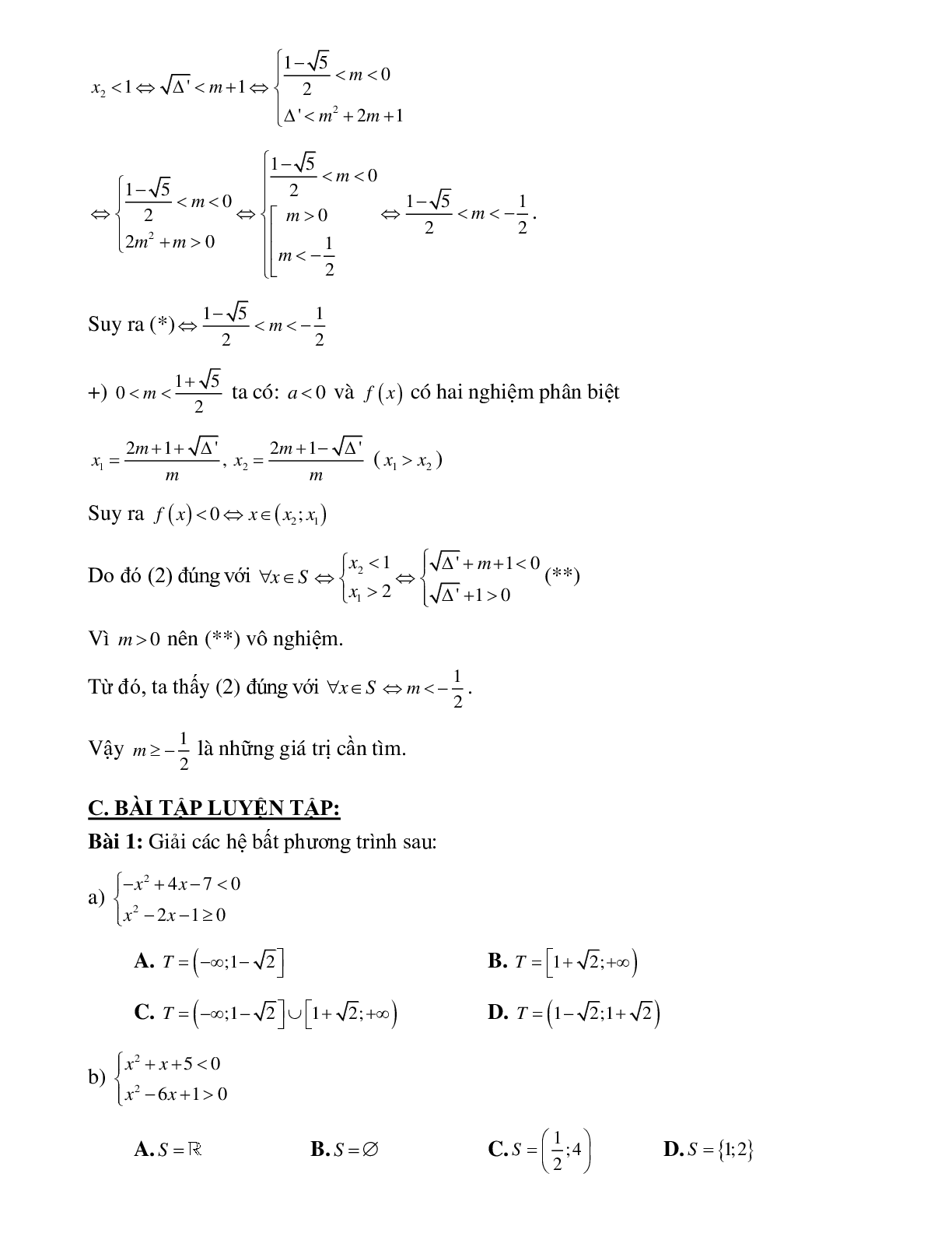 Bài tập giải hệ bất phương trình bậc hai một ẩn Toán 10 (trang 5)