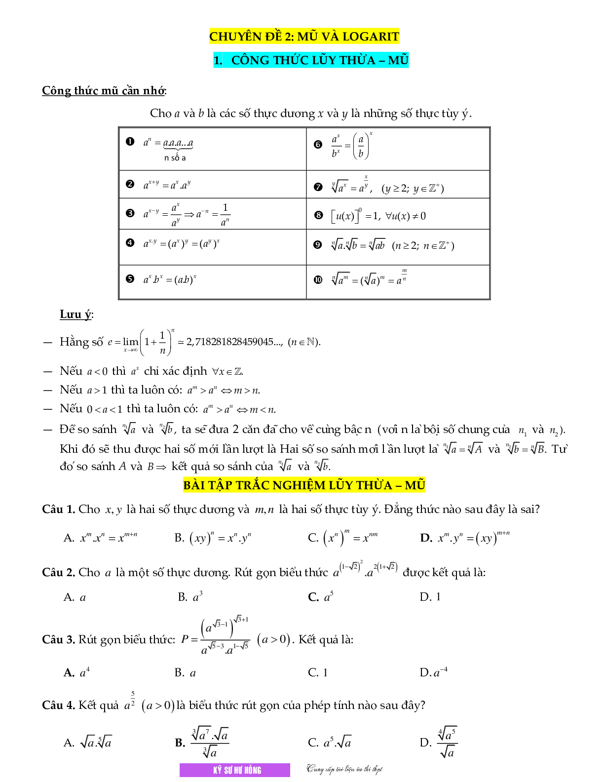 Chuyên đề Mũ - logarit môn Toán lớp 12 (trang 1)