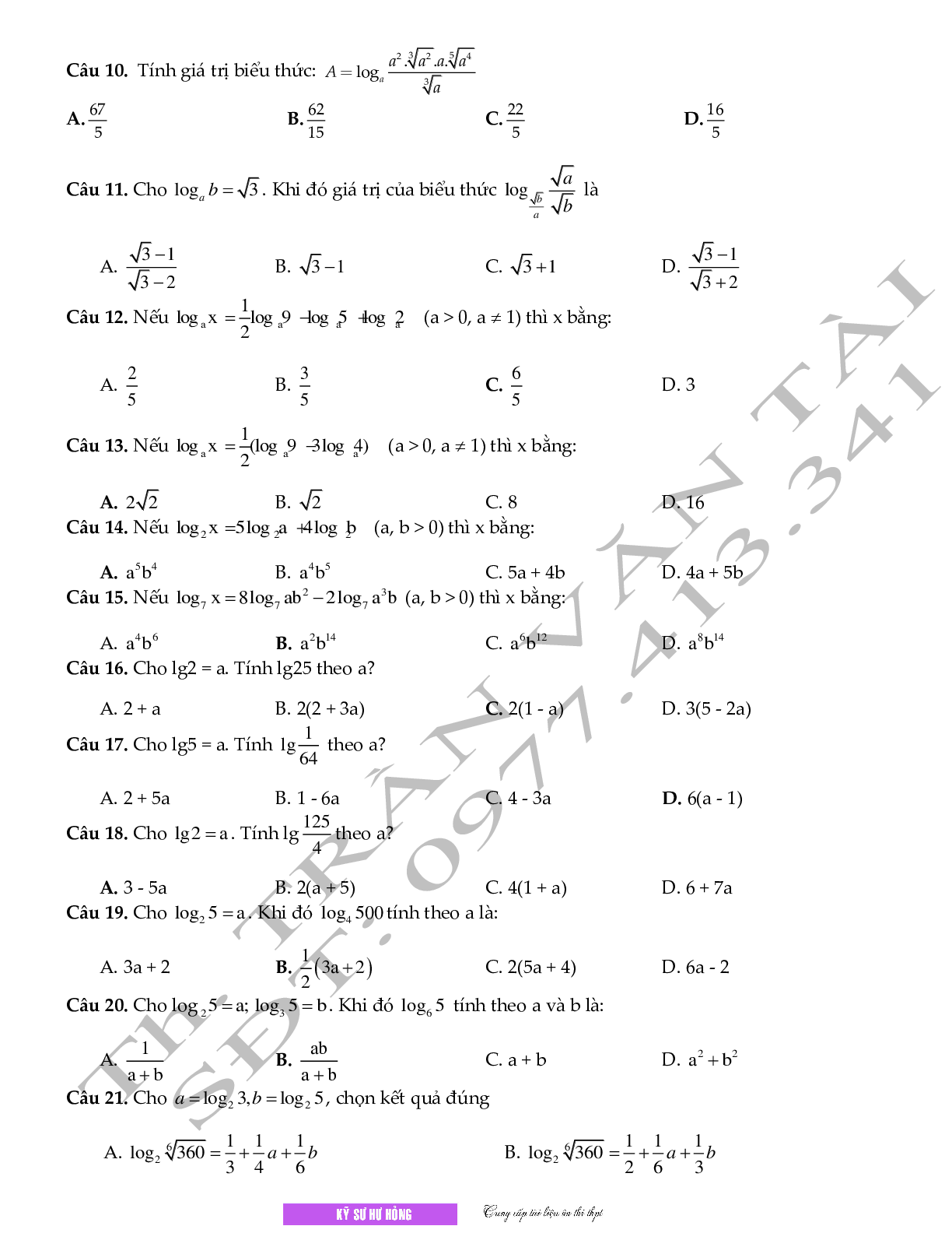 Chuyên đề Mũ - logarit môn Toán lớp 12 (trang 7)