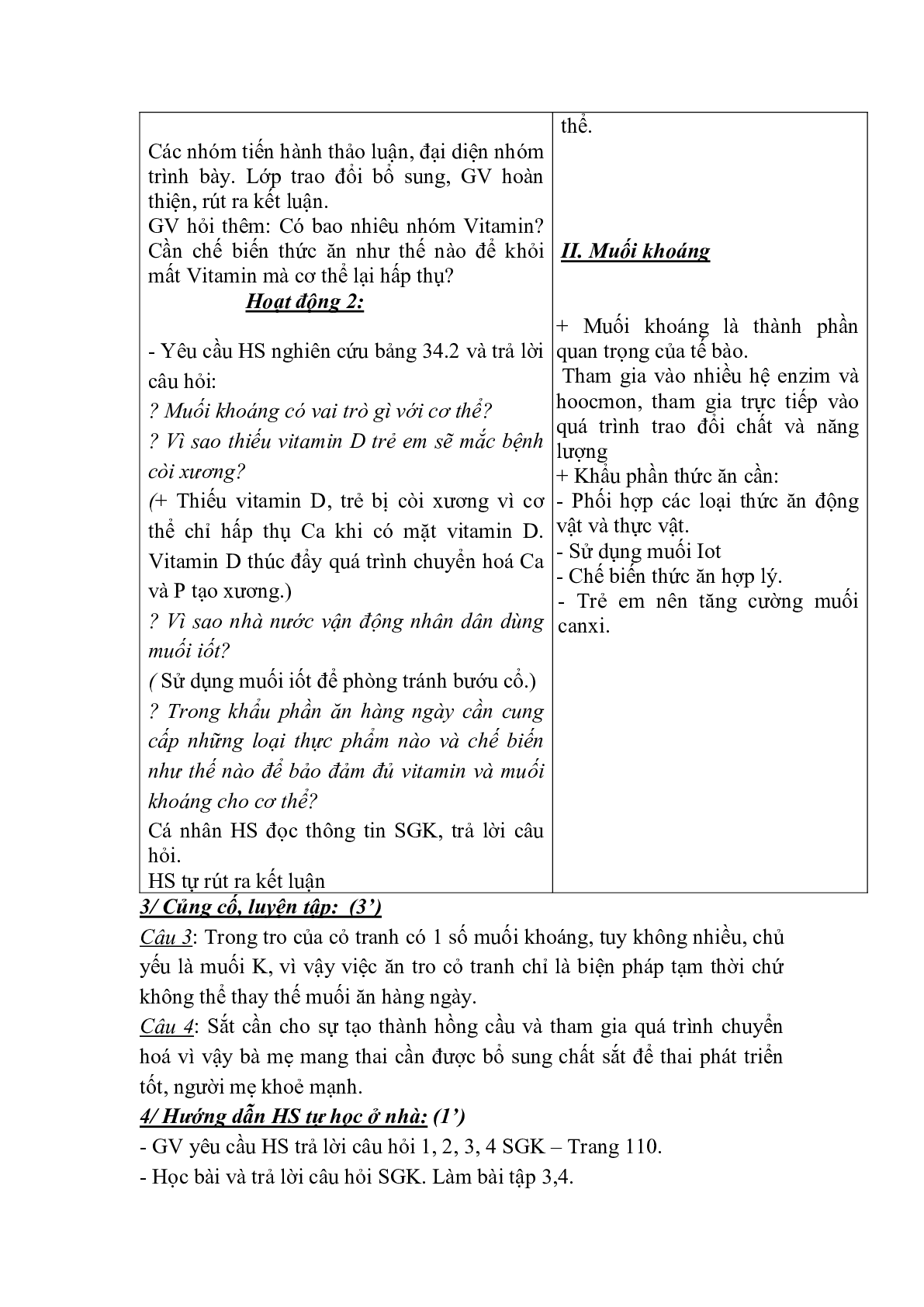 Giáo án Sinh học 8 Bài 34: Vitamin và muối khoáng mới, chuẩn nhất (trang 2)