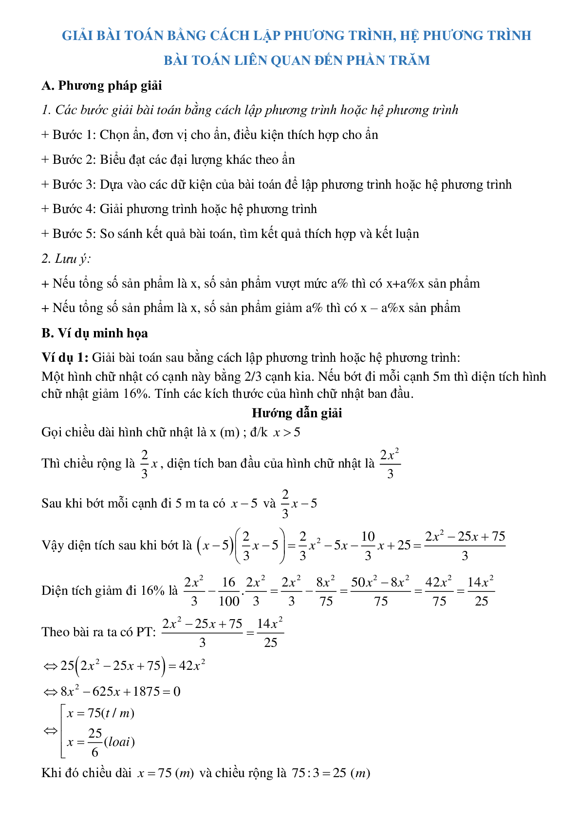 Giải bài toán bằng cách lập phương trình, hệ phương trình - Bài toán phần trăm (trang 1)