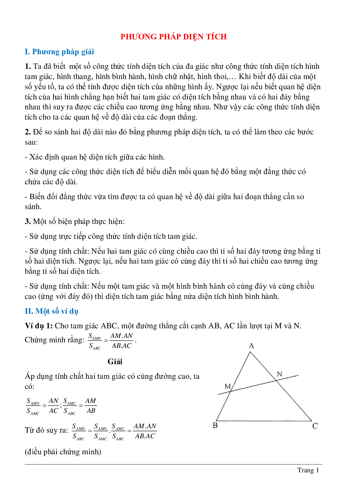 Phương pháp diện tích - Hình học toán 8 (trang 1)