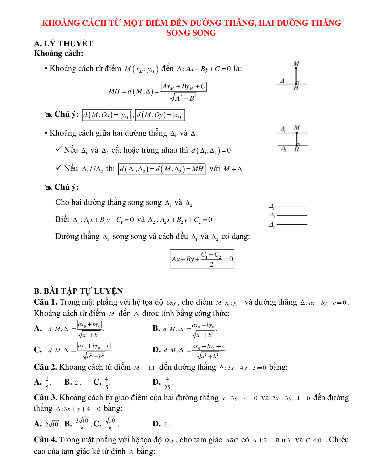 Bài tập về Khoảng cách từ một điểm đến đường thẳng, hai đường thẳng song song chọn lọc (trang 1)