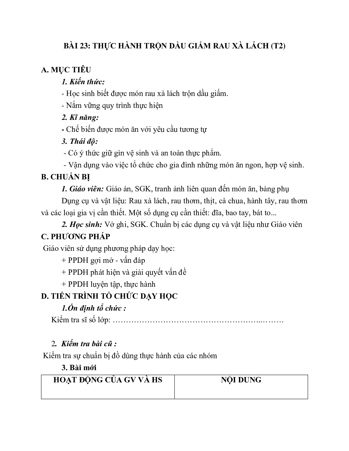 GIÁO ÁN CÔNG NGHỆ 6 BÀI 23: THỰC HÀNH TRỘN DẦU GIẤM RAU XÀ LÁCH (T2) MỚI NHẤT – CV5512 (trang 1)