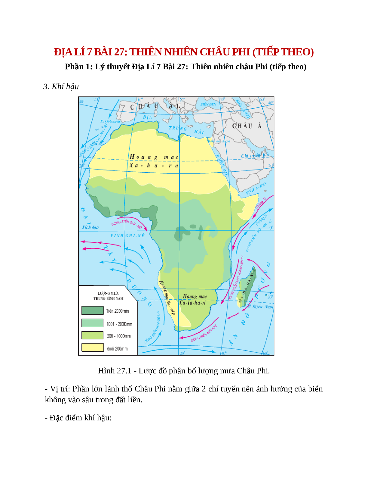 Địa Lí 7 Bài 27 (Lý thuyết và trắc nghiệm): Thiên nhiên châu Phi (tiếp theo) (trang 1)