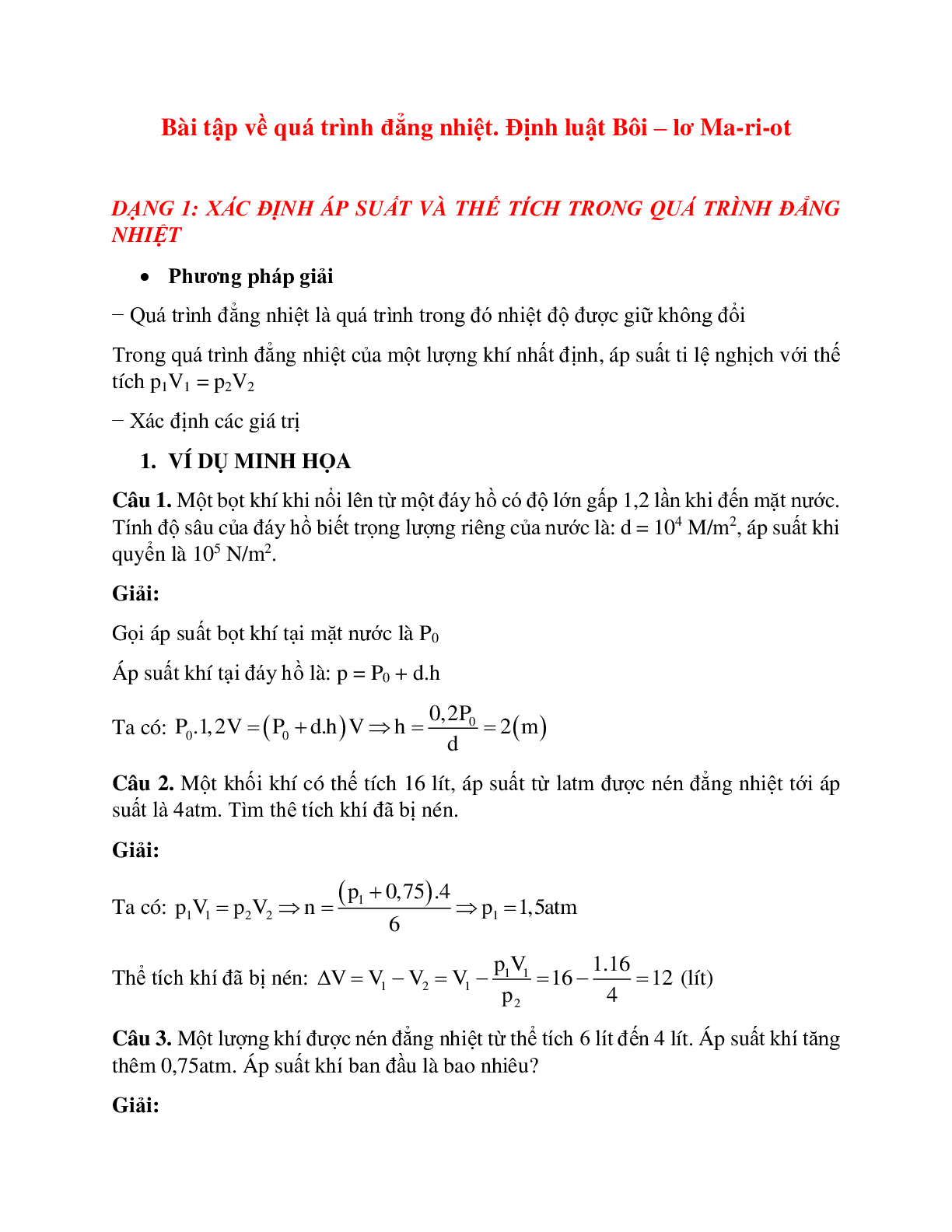 Bài tập về quá trình đẳng nhiệt - Định luật Bôi – lơ Ma-ri-ot có lời giải (trang 1)