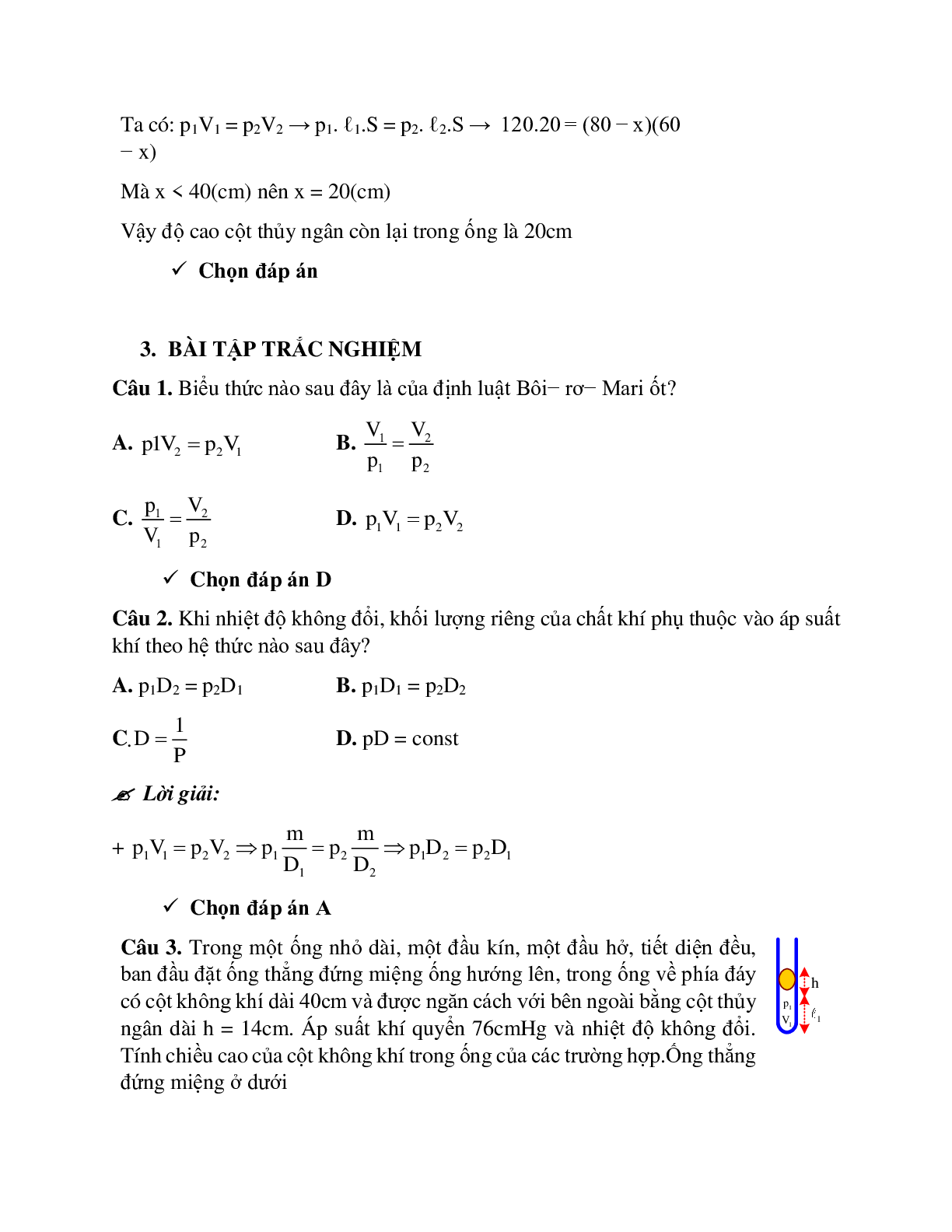 Bài tập về quá trình đẳng nhiệt - Định luật Bôi – lơ Ma-ri-ot có lời giải (trang 10)