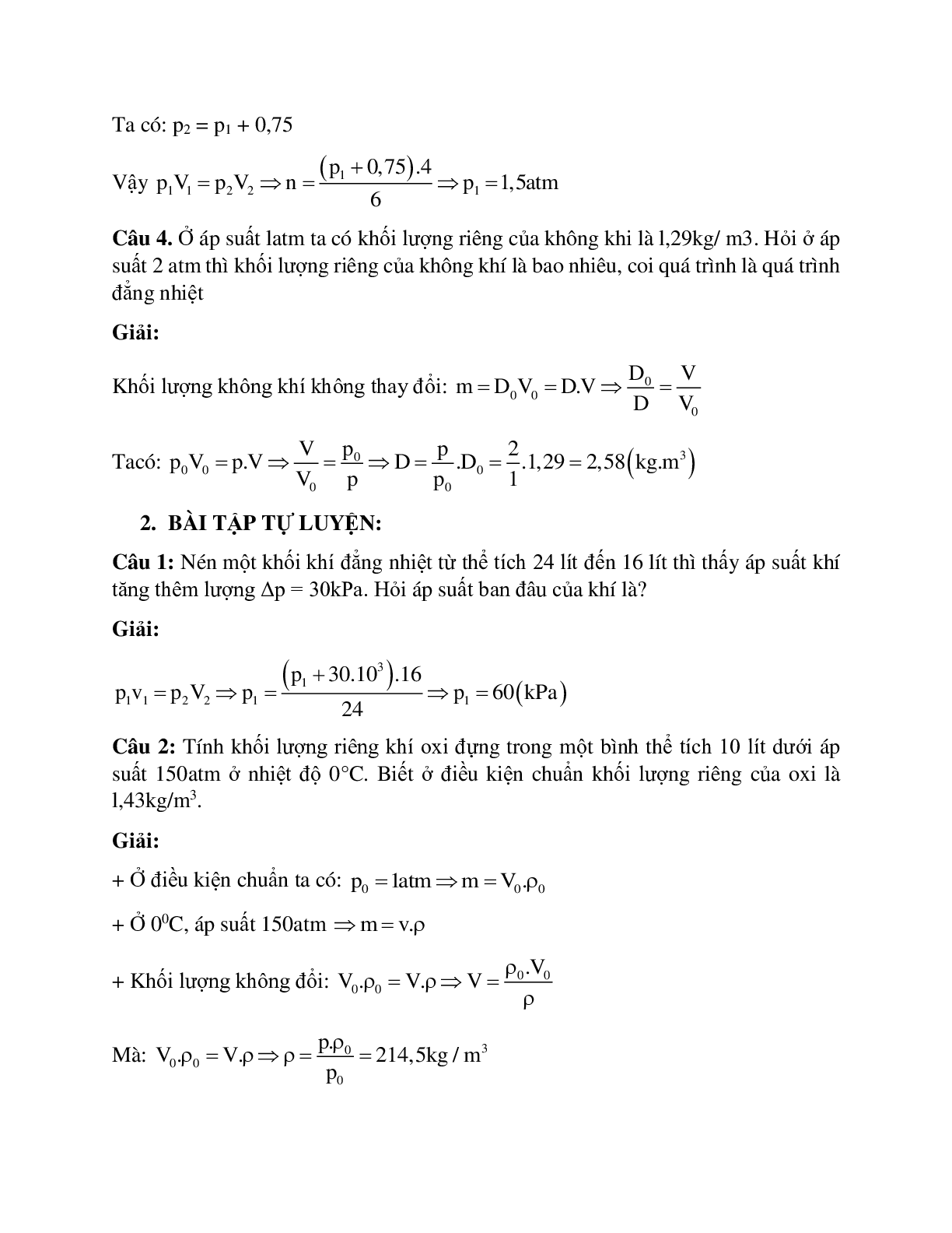 Bài tập về quá trình đẳng nhiệt - Định luật Bôi – lơ Ma-ri-ot có lời giải (trang 2)