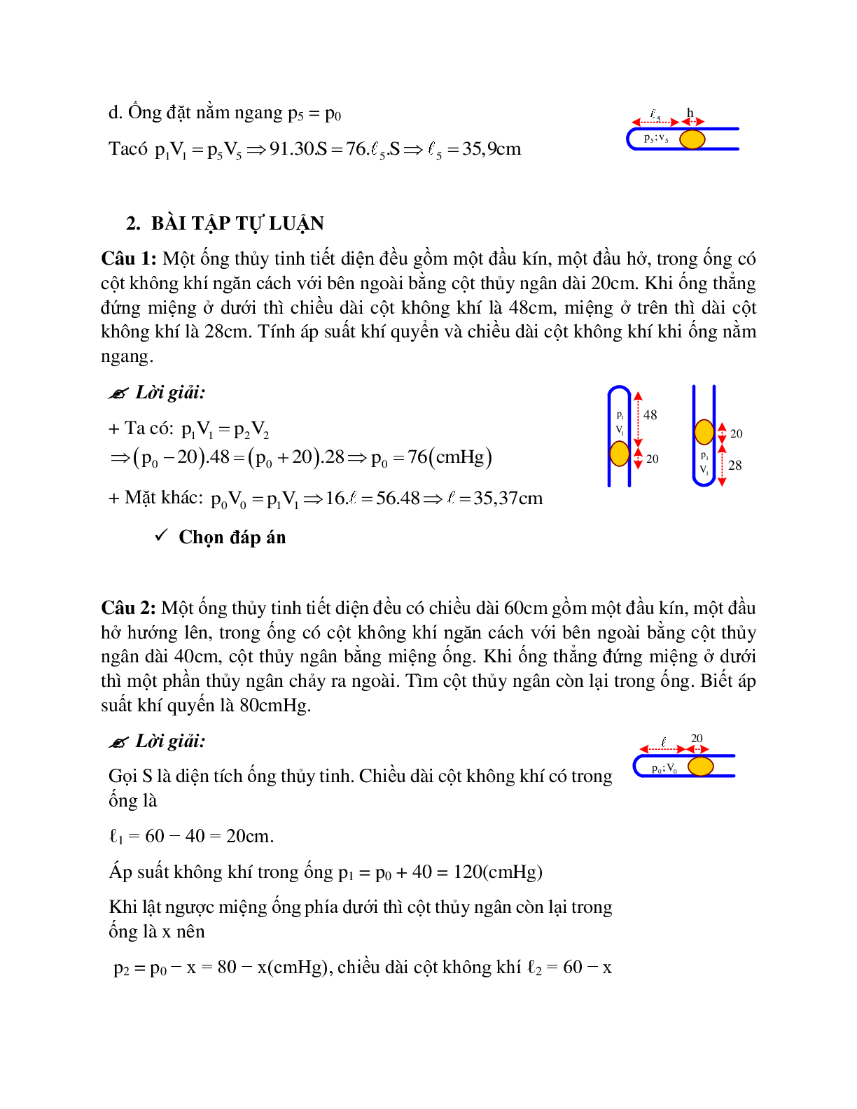 Bài tập về quá trình đẳng nhiệt - Định luật Bôi – lơ Ma-ri-ot có lời giải (trang 9)